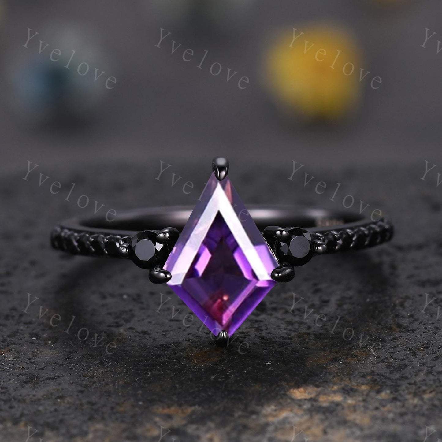 Retro Kite Amethyst Engagement Ring,Vintage Nature Inspired Black Silver Ring,Unique Black Spinel Diamond Promise Ring Anniversary Gift