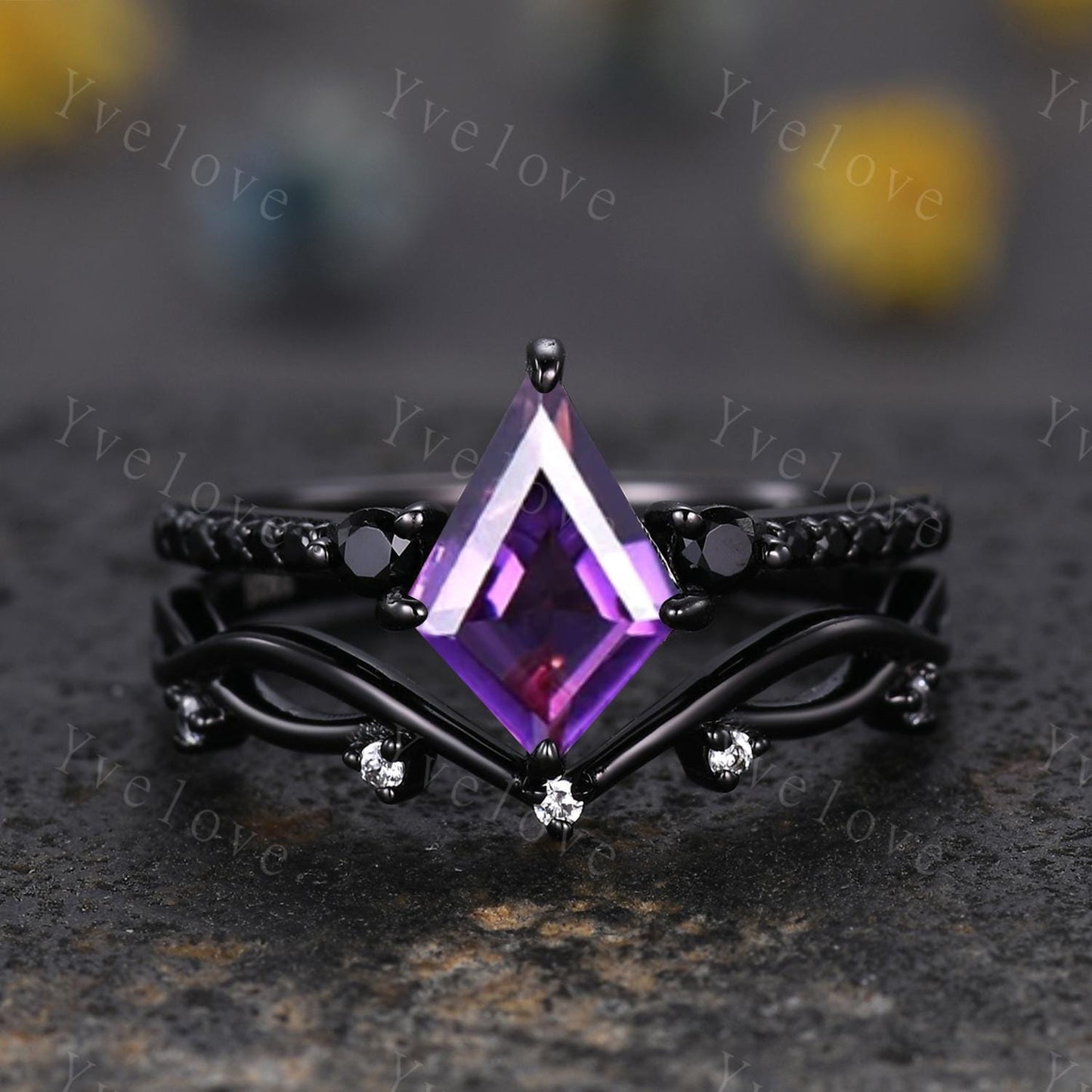 Retro Kite Amethyst Engagement Ring,Vintage Nature Inspired Black Silver Ring,Unique Black Spinel Diamond Promise Ring Anniversary Gift