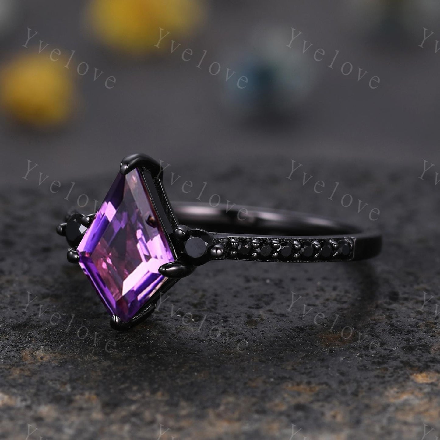 Retro Kite Amethyst Engagement Ring,Vintage Nature Inspired Black Silver Ring,Unique Black Spinel Diamond Promise Ring Anniversary Gift