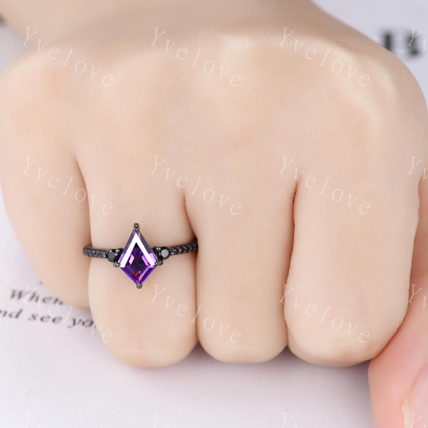 Retro Kite Amethyst Engagement Ring,Vintage Nature Inspired Black Silver Ring,Unique Black Spinel Diamond Promise Ring Anniversary Gift