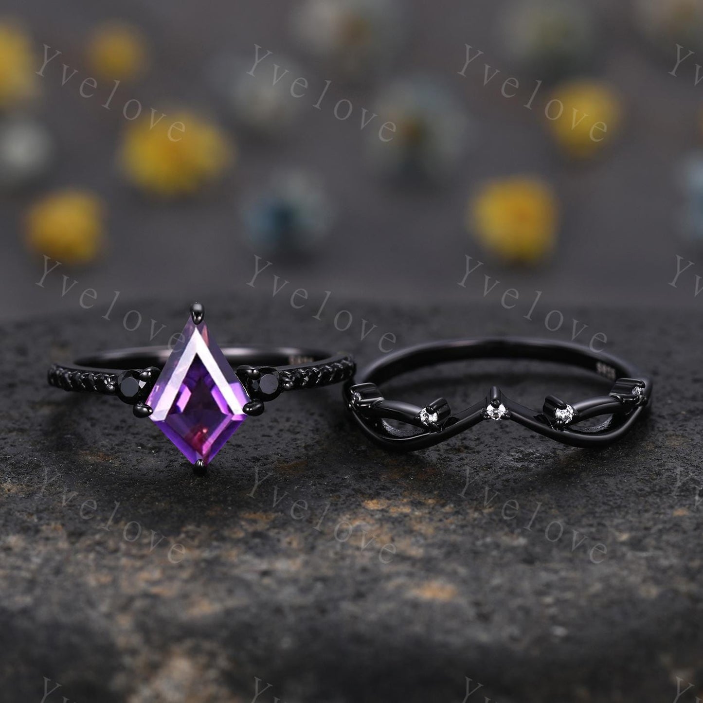 Retro Kite Amethyst Engagement Ring,Vintage Nature Inspired Black Silver Ring,Unique Black Spinel Diamond Promise Ring Anniversary Gift