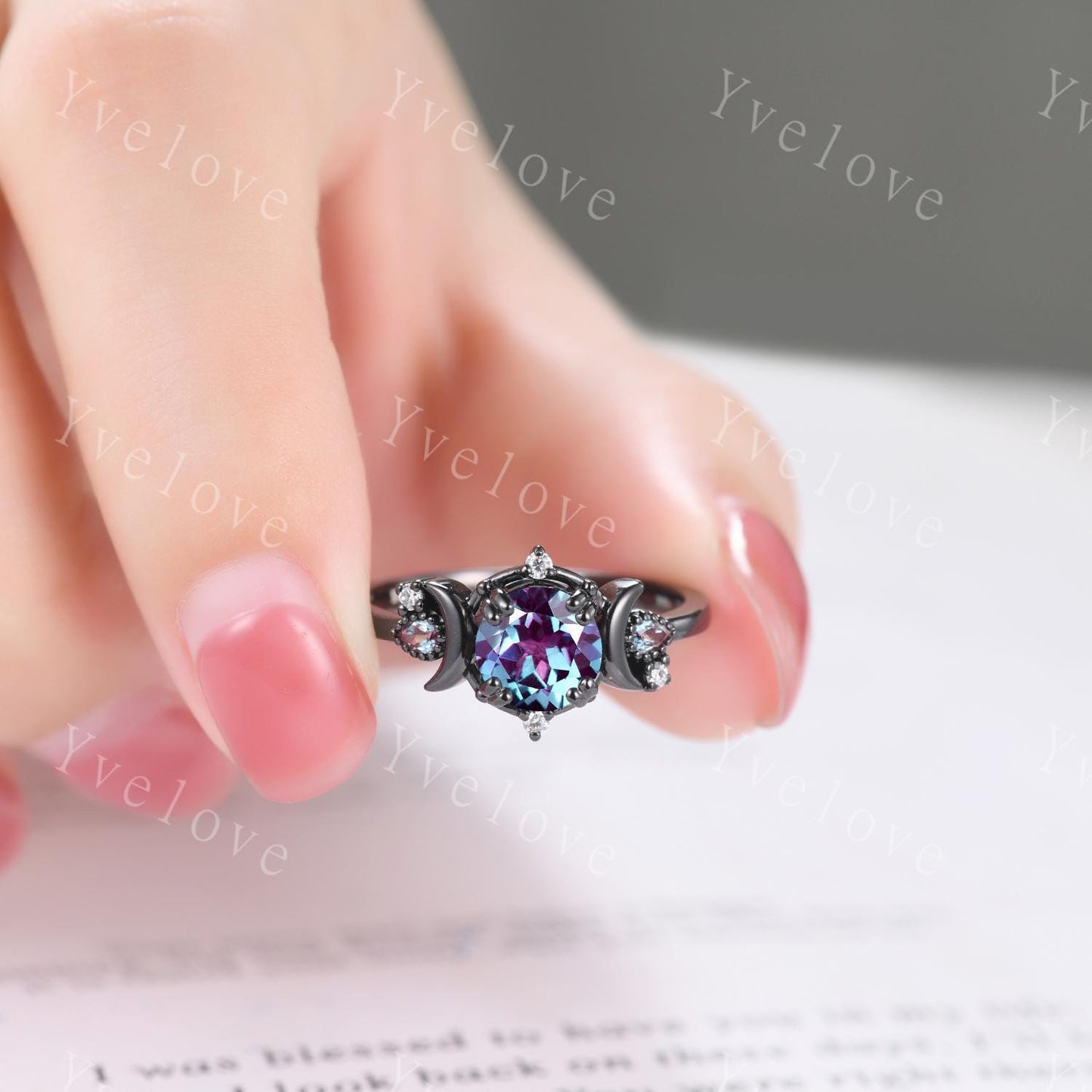 Round alexandrite ring gothic cluster ring black gold unique engagement ring retro moon star diamond promise wedding ring celestial gift