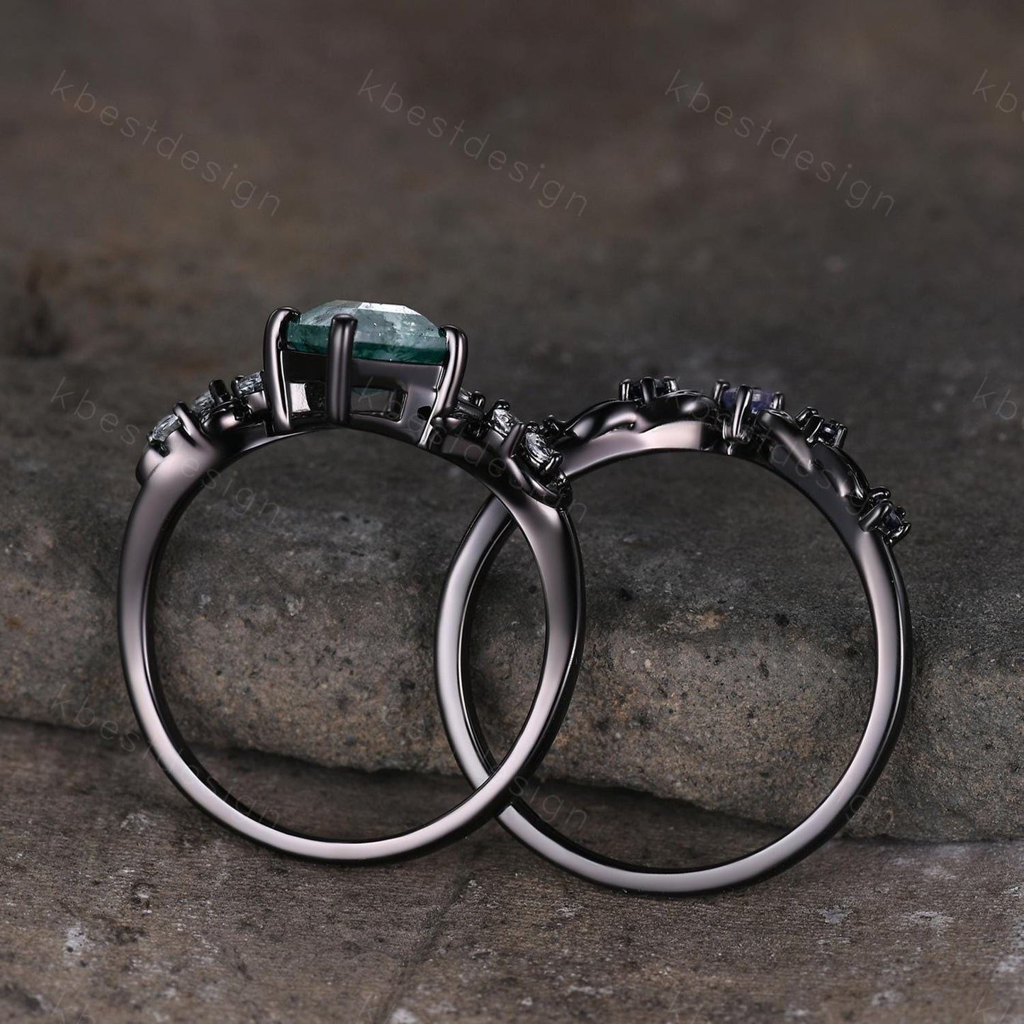 Vintage kite moss agate engagement ring set black gold twig leaf stacking ring nature branch ring unique art deco bridal wedding ring set