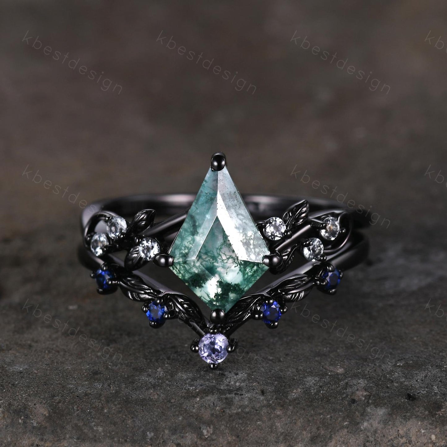 Vintage kite moss agate engagement ring set black gold twig leaf stacking ring nature branch ring unique art deco bridal wedding ring set