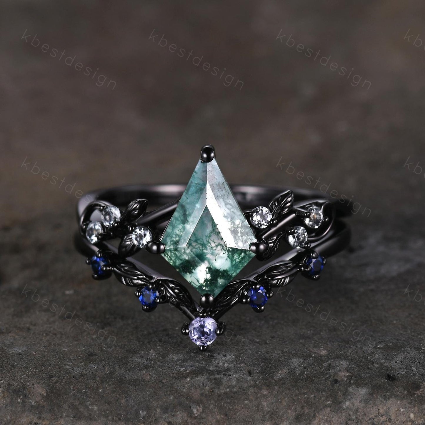 Vintage kite moss agate engagement ring set black gold twig leaf stacking ring nature branch ring unique art deco bridal wedding ring set
