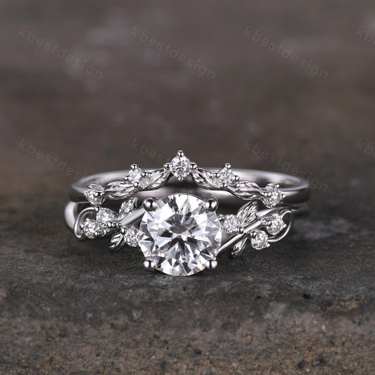 Round cut moissanite engagement ring 14K White gold ring Art deco leaf design wedding ring nature inspired ring bridal promise ring set