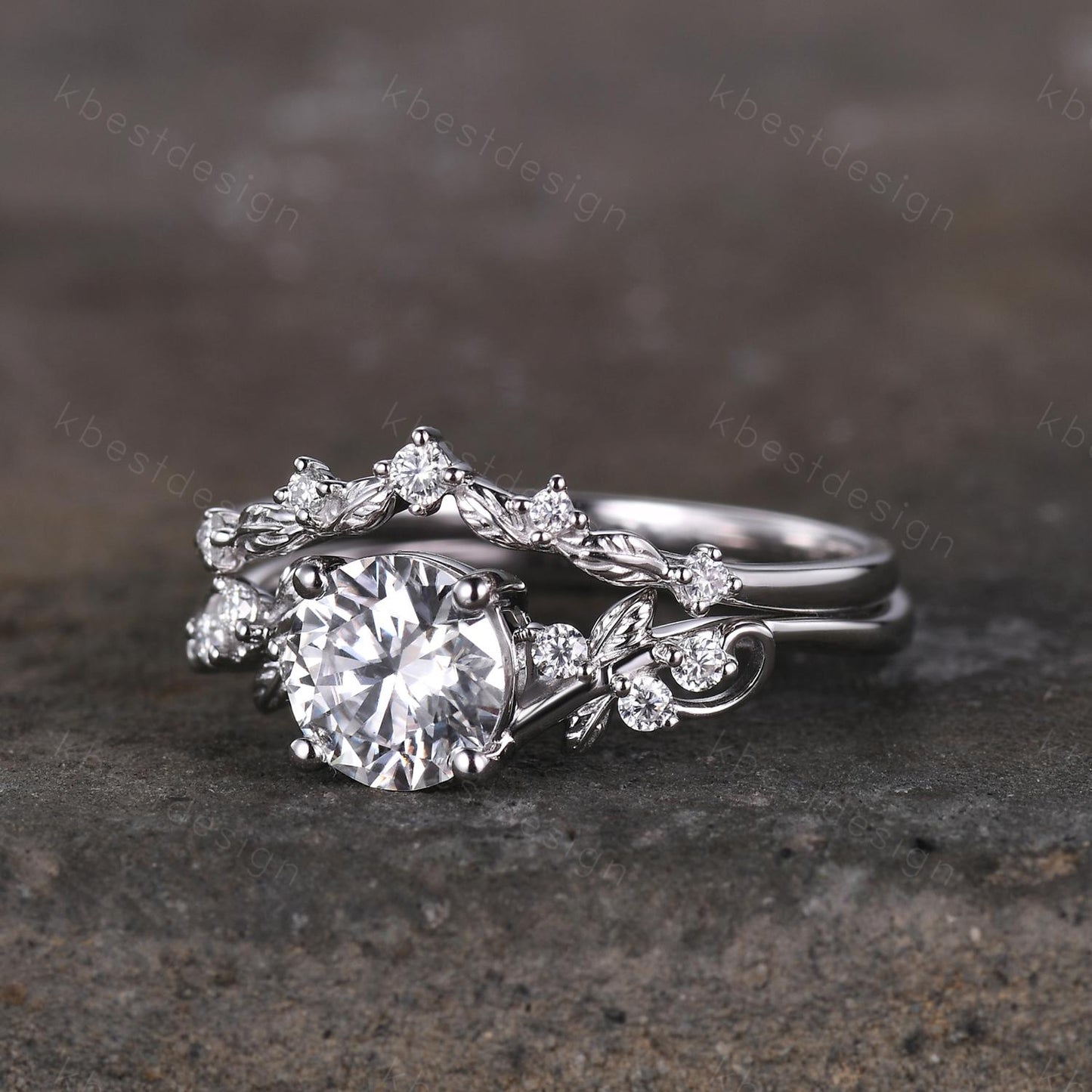 Round cut moissanite engagement ring 14K White gold ring Art deco leaf design wedding ring nature inspired ring bridal promise ring set