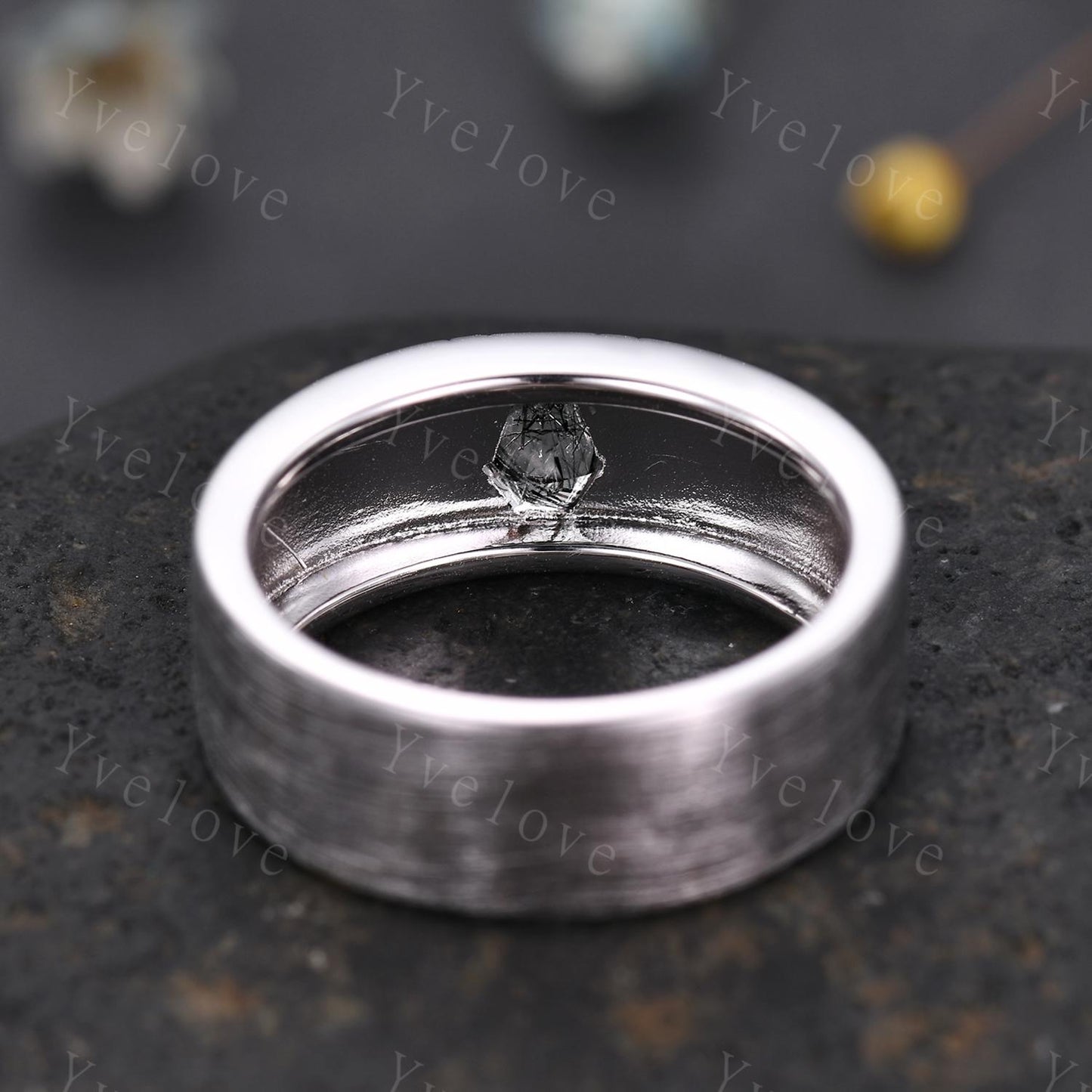 7mm Mens Coffin Cut Moss Agate Wedding Band Green Agate Engagement Ring Brushed Finish Band Mens Stacking Band His Wedding band