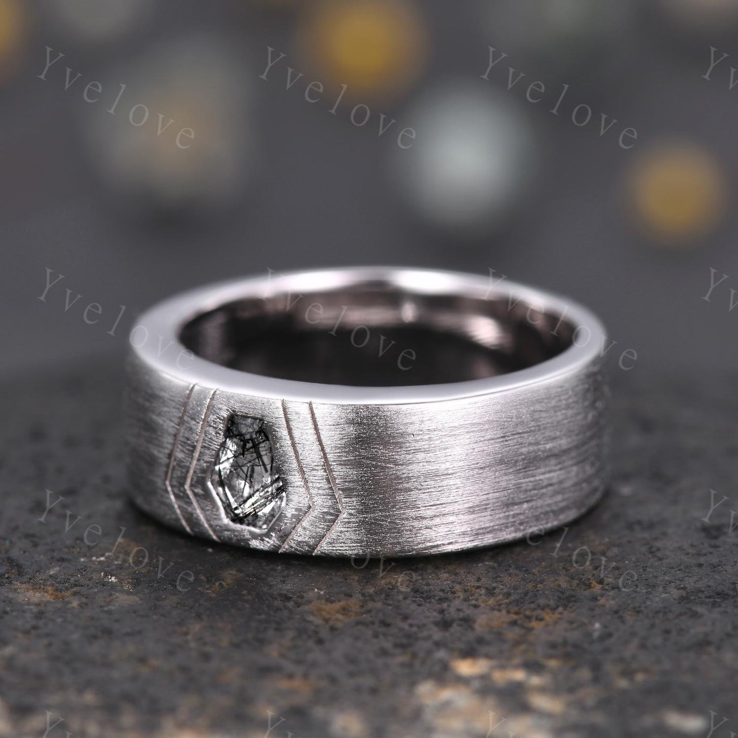 7mm Mens Coffin Cut Black Rutilate Quartz Wedding Band Black Quartz Engagement Ring Brushed Finish Band Mens Stacking Band His Wedding band