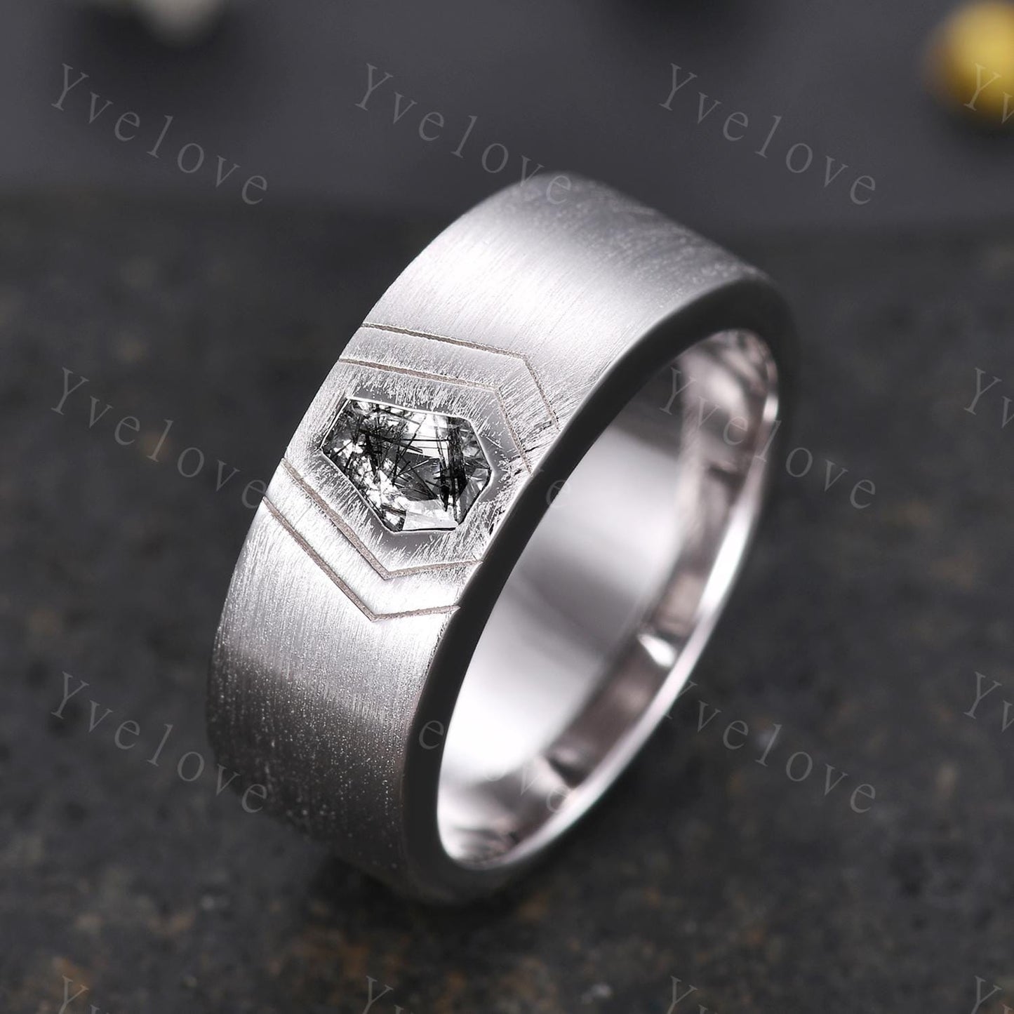 7mm Mens Coffin Cut Black Rutilate Quartz Wedding Band Black Quartz Engagement Ring Brushed Finish Band Mens Stacking Band His Wedding band