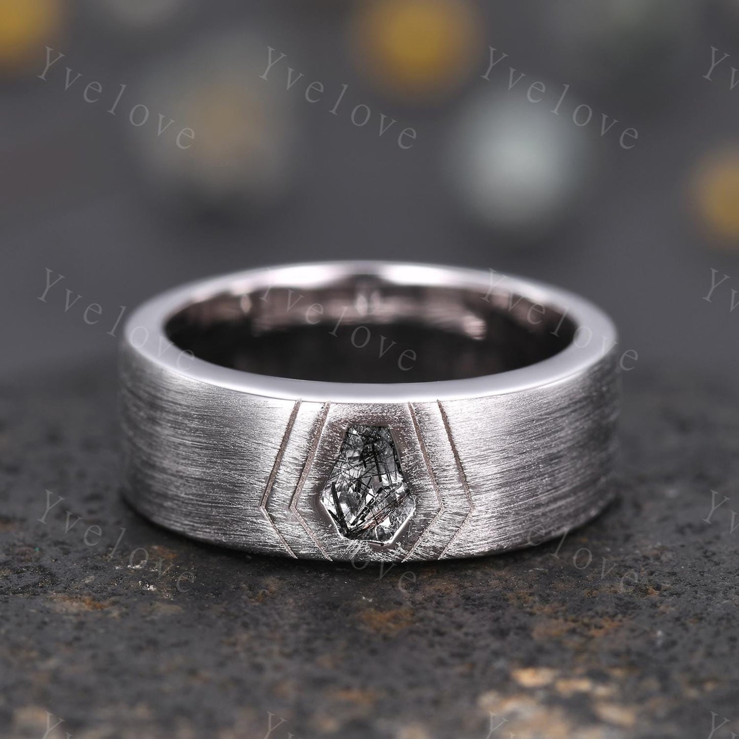 7mm Mens Coffin Cut Black Rutilate Quartz Wedding Band Black Quartz Engagement Ring Brushed Finish Band Mens Stacking Band His Wedding band