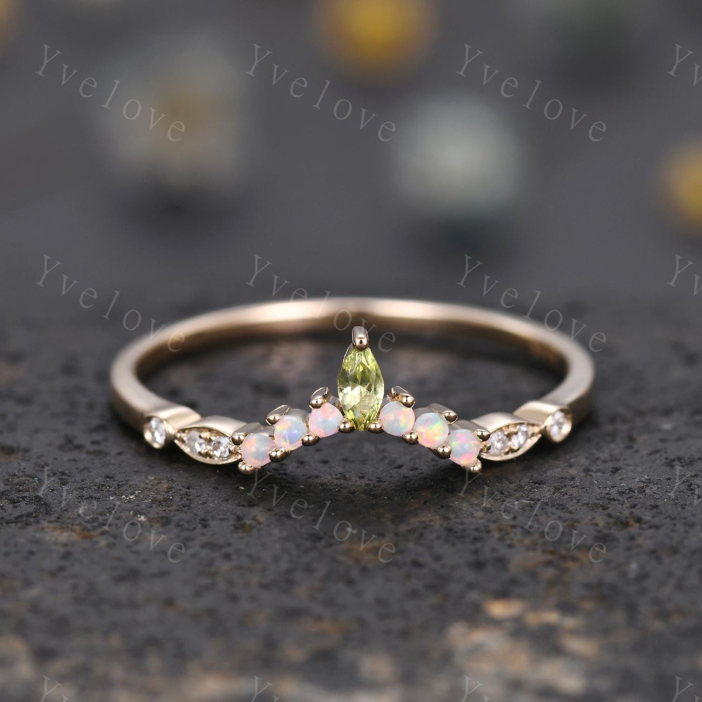 V Curved Wedding Band Vintage Gold Women Marquise Cut Peridot Opal Ring Unique Diamond Jewelry Stacking Matching Anniversary Gifts For Her