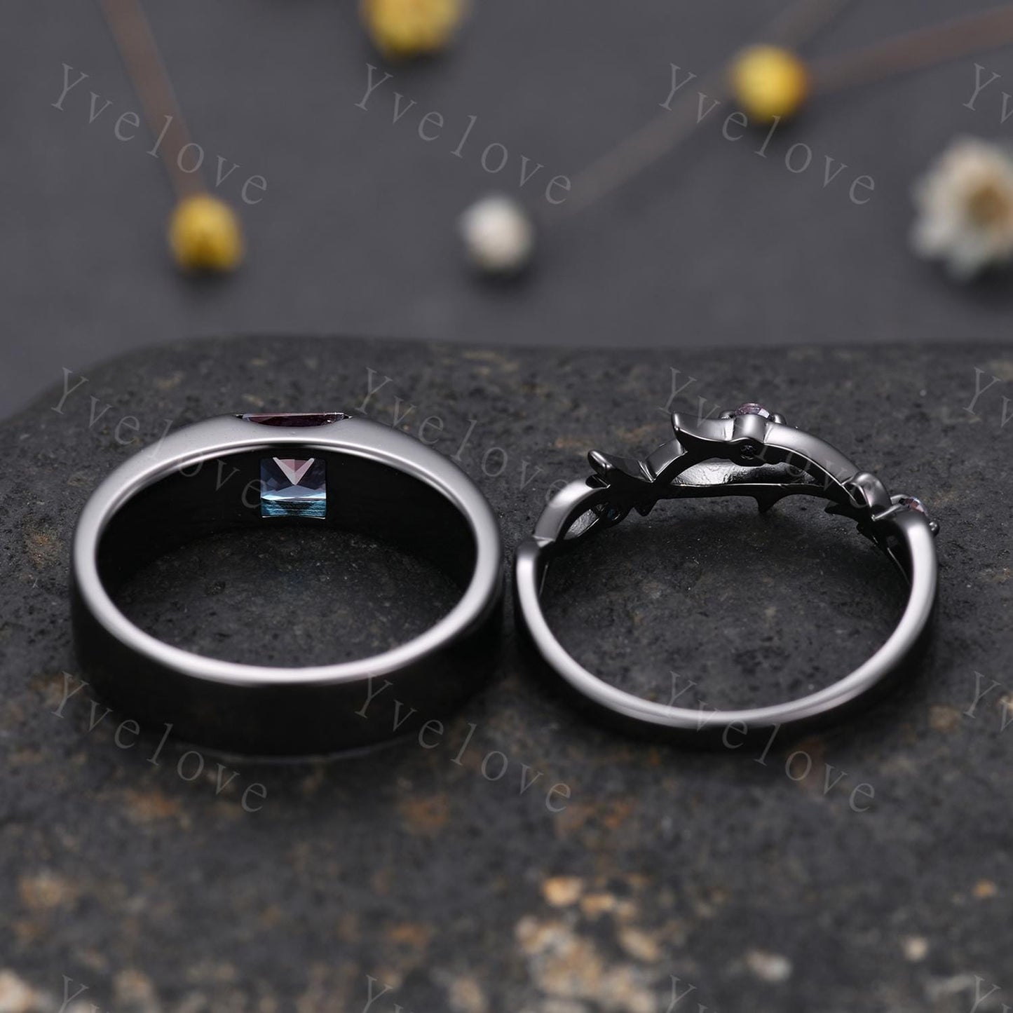 Couples ring set Alexandrdite ring twig ring for men and women His and Hers wedding band Black Stacking Matching Band Retro Vintage Gift