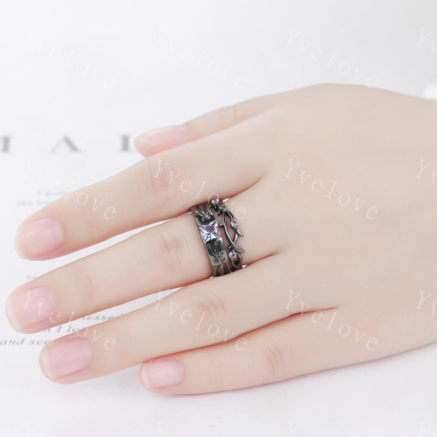 Couples ring set Alexandrdite ring twig ring for men and women His and Hers wedding band Black Stacking Matching Band Retro Vintage Gift