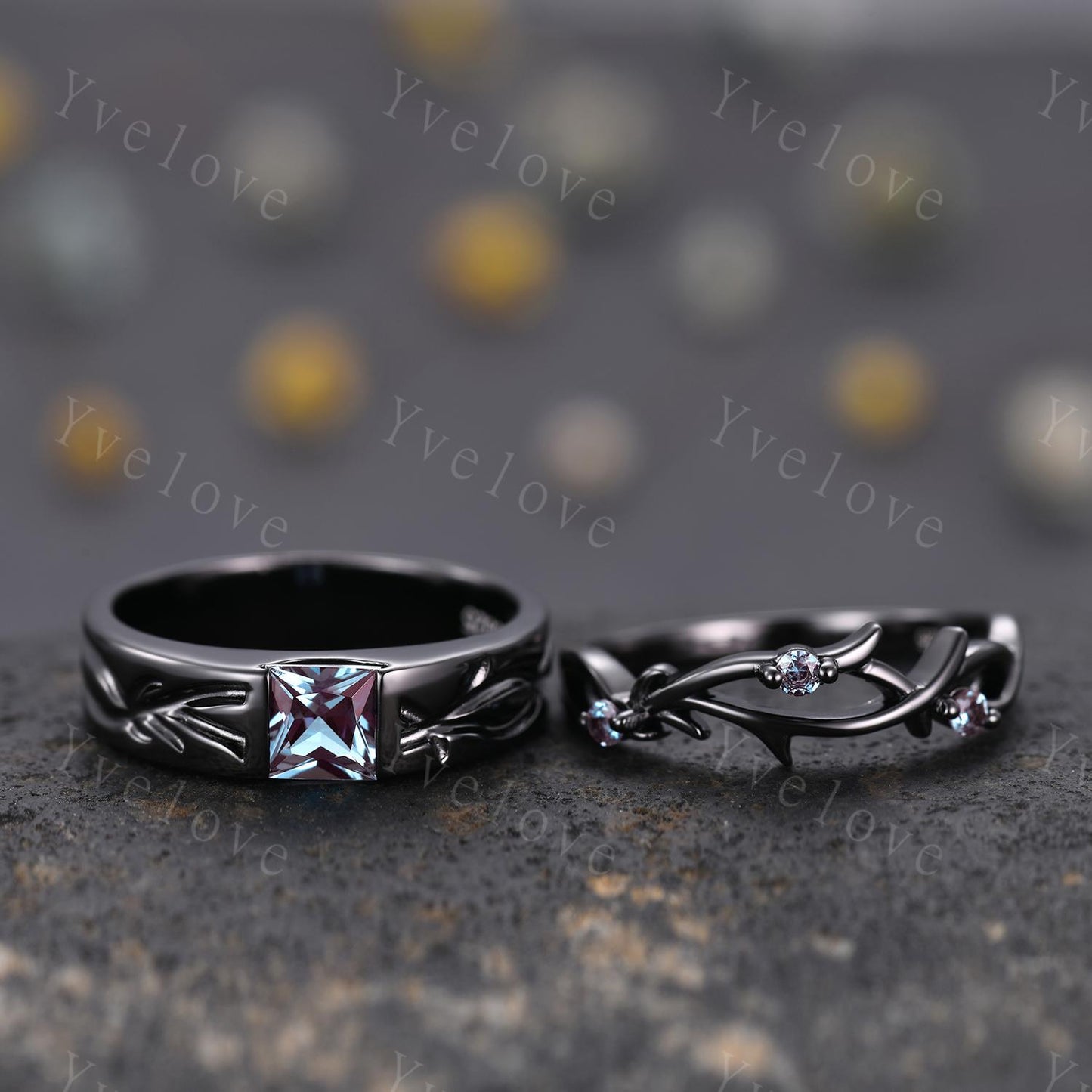 Couples ring set Alexandrdite ring twig ring for men and women His and Hers wedding band Black Stacking Matching Band Retro Vintage Gift