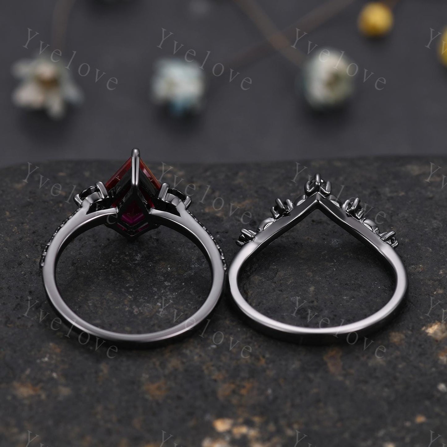 Retro Kite Red Garnet Engagement Ring Set Cluster Twig Leaf Black Silver Band,Unique Black Spinel Diamond Promise Ring Set Anniversary Gift