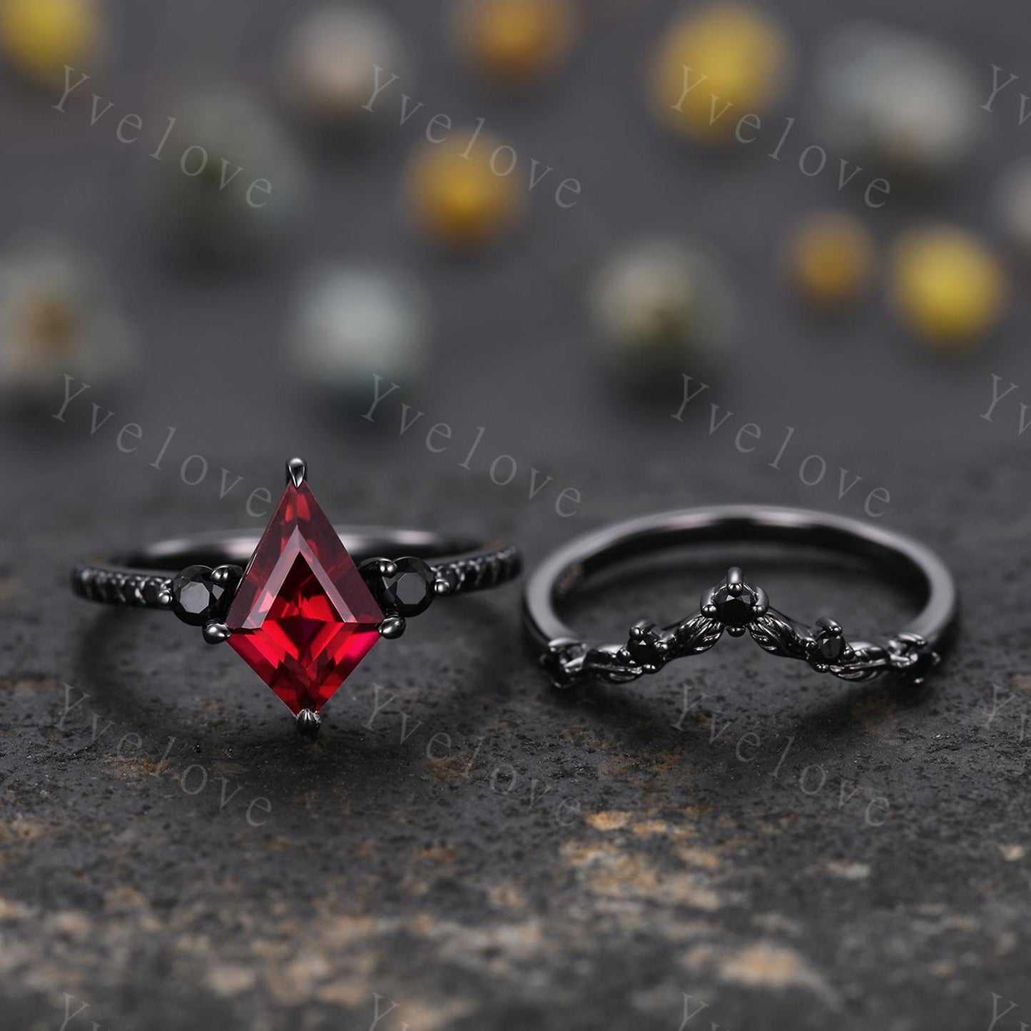 Retro Kite Red Garnet Engagement Ring Set Cluster Twig Leaf Black Silver Band,Unique Black Spinel Diamond Promise Ring Set Anniversary Gift