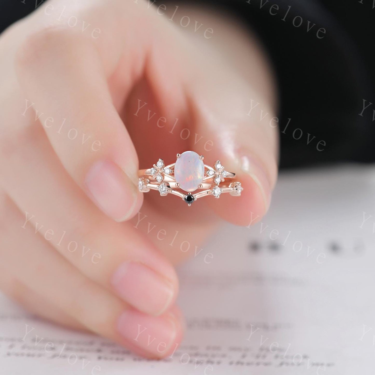 Natural Opal Engagement Ring Set,White Fire Opal,Oval Opal Bridal Set,Black Diamond Stacking Band,Cluster Women 14K Rose Gold Ring,Handmade