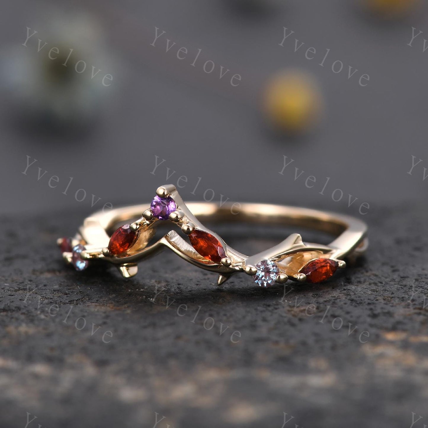 Antique Amethyst Garnet wedding band Alexandrite Ring,Women Twig Matching Band,Art Deco V Curved Branch Wedding Band,Black Gold Ring,Custom
