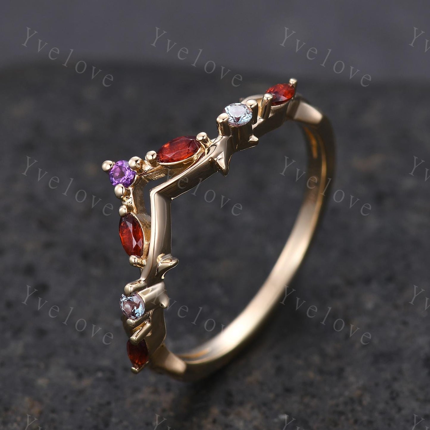 Antique Amethyst Garnet wedding band Alexandrite Ring,Women Twig Matching Band,Art Deco V Curved Branch Wedding Band,Black Gold Ring,Custom