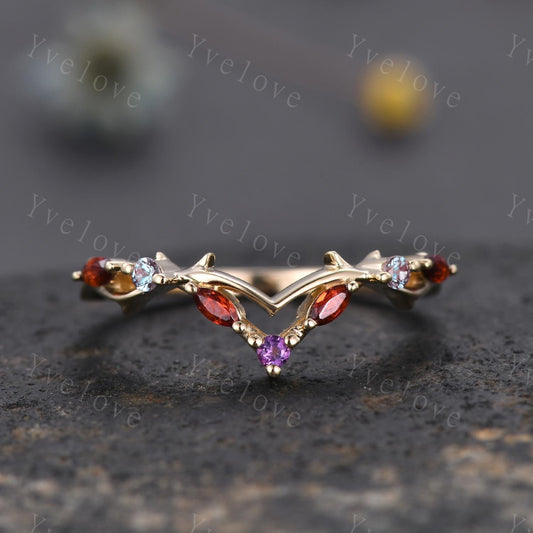 Antique Amethyst Garnet wedding band Alexandrite Ring,Women Twig Matching Band,Art Deco V Curved Branch Wedding Band,Black Gold Ring,Custom