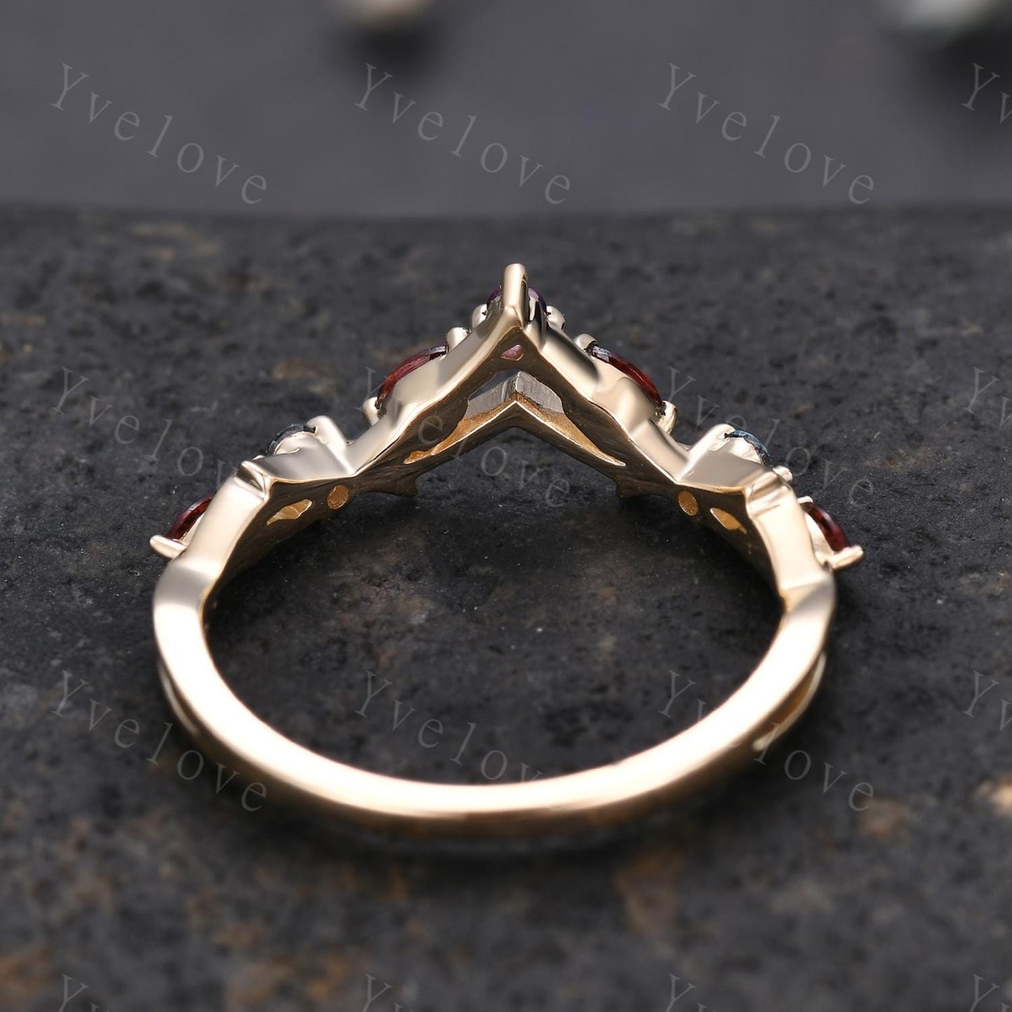 Antique Amethyst Garnet wedding band Alexandrite Ring,Women Twig Matching Band,Art Deco V Curved Branch Wedding Band,Black Gold Ring,Custom