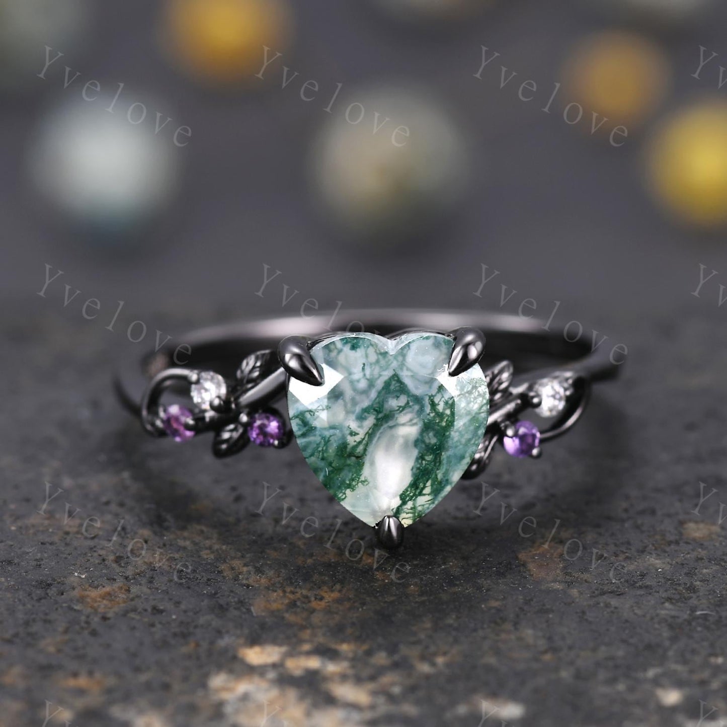 Heart Cut Moss Agate Ring,Gothic Twig Vine Leaf Branch Ring,Vintage Amethyst Moissanite Bridal Ring Anniversary Gift,Black Gold Wedding Band