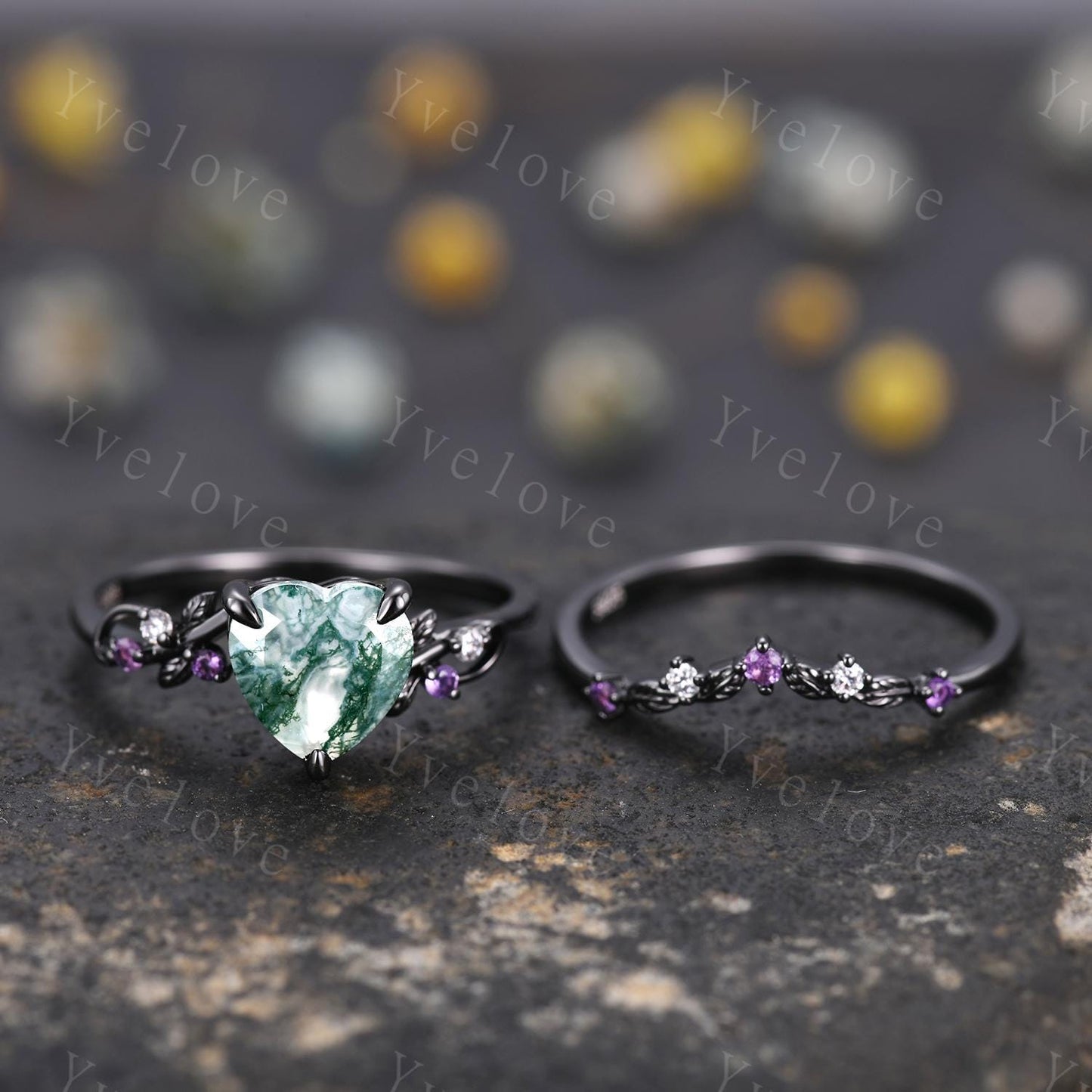 Heart Cut Moss Agate Ring,Gothic Twig Vine Leaf Branch Ring,Vintage Amethyst Moissanite Bridal Ring Anniversary Gift,Black Gold Wedding Band