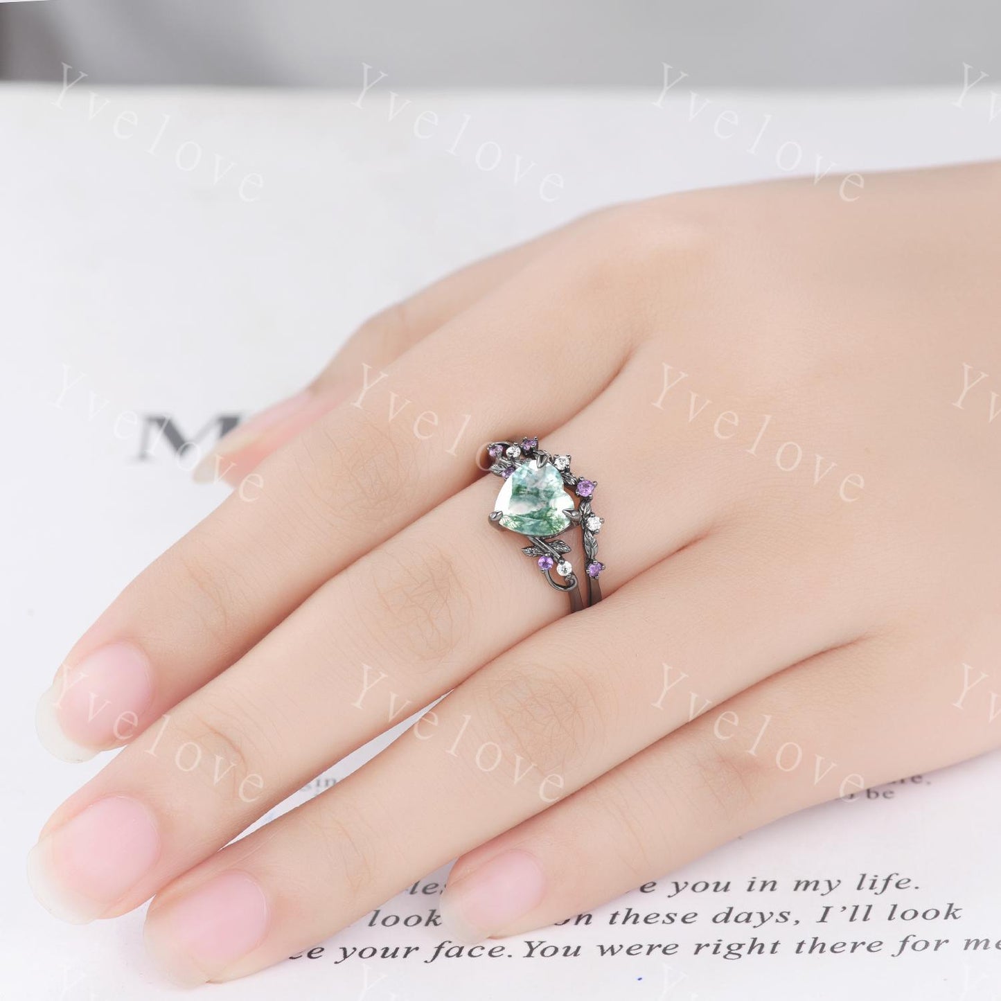 Heart Cut Moss Agate Ring,Gothic Twig Vine Leaf Branch Ring,Vintage Amethyst Moissanite Bridal Ring Anniversary Gift,Black Gold Wedding Band