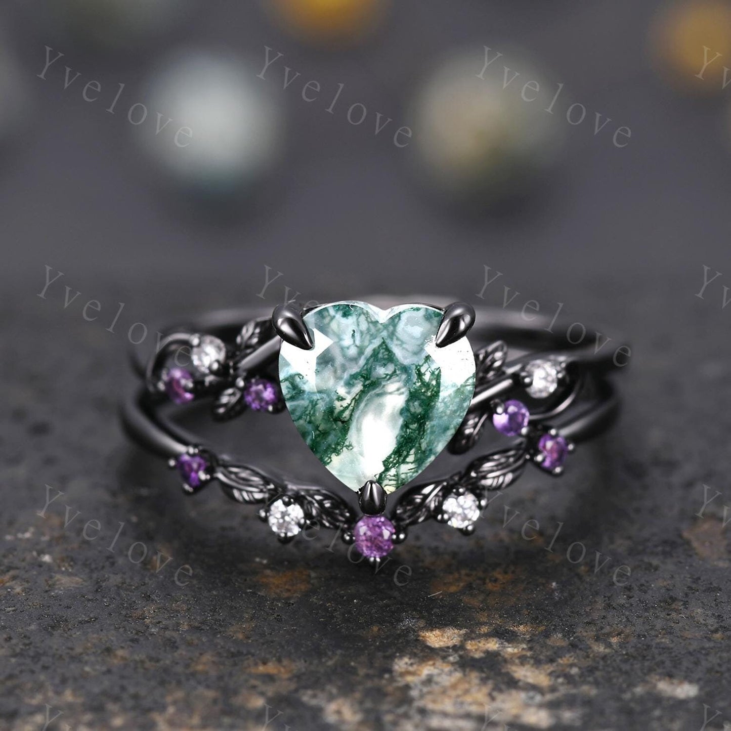 Heart Cut Moss Agate Ring,Gothic Twig Vine Leaf Branch Ring,Vintage Amethyst Moissanite Bridal Ring Anniversary Gift,Black Gold Wedding Band