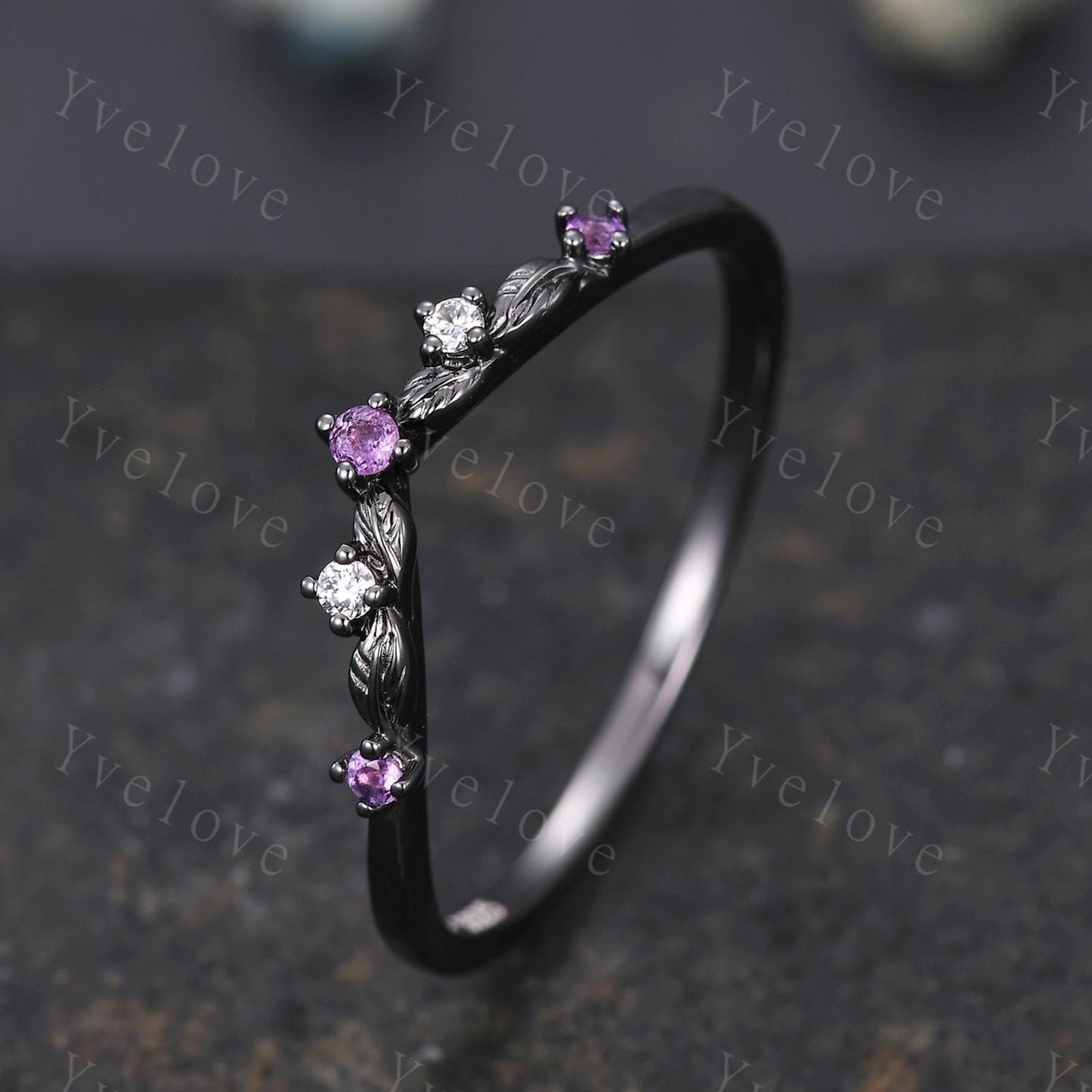 Unique Moissanite Amethyst Wedding Ring Stacking Matching Band Silver Black Gold Marquise Ring Promise Jewelry Anniversary Gift For Women