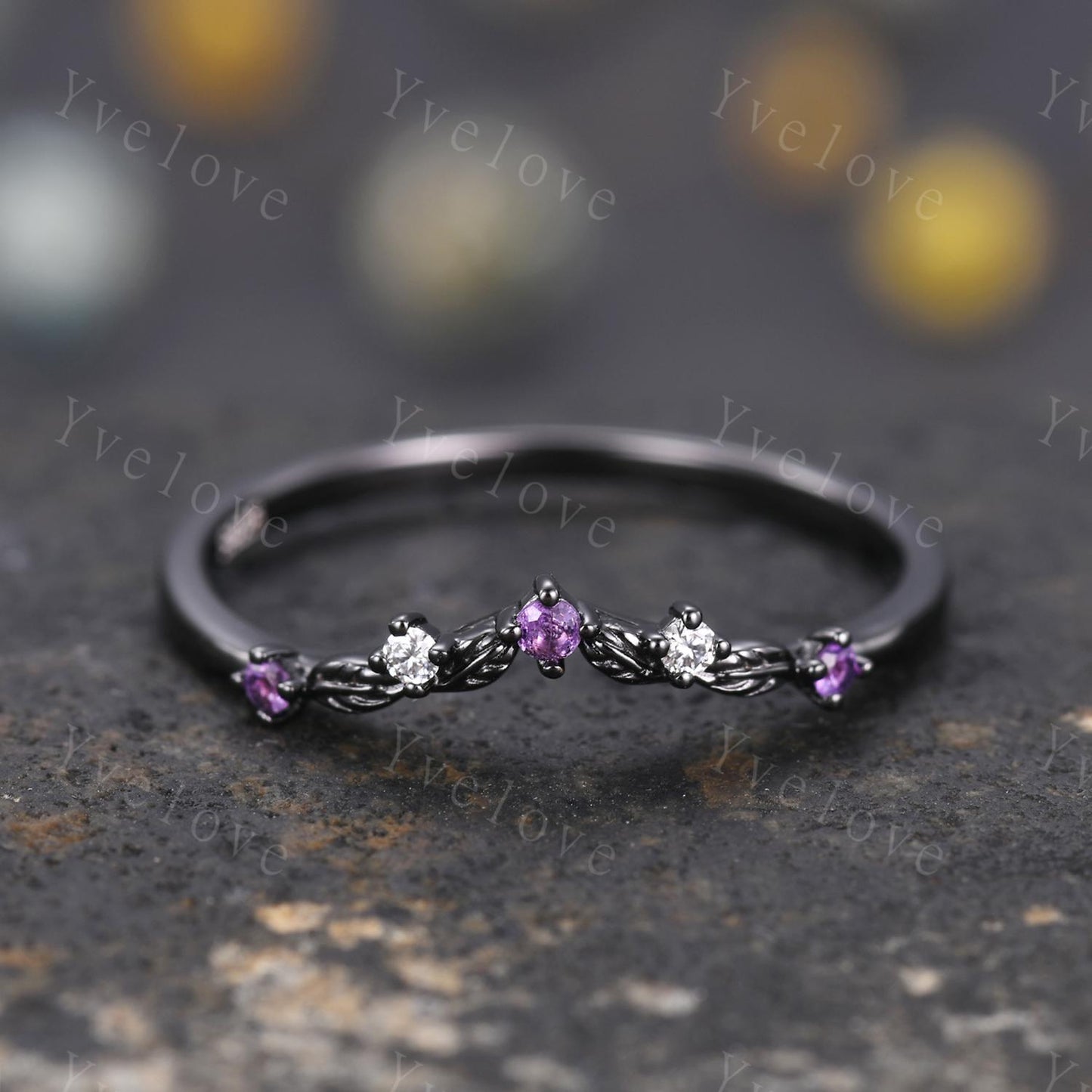 Unique Moissanite Amethyst Wedding Ring Stacking Matching Band Silver Black Gold Marquise Ring Promise Jewelry Anniversary Gift For Women