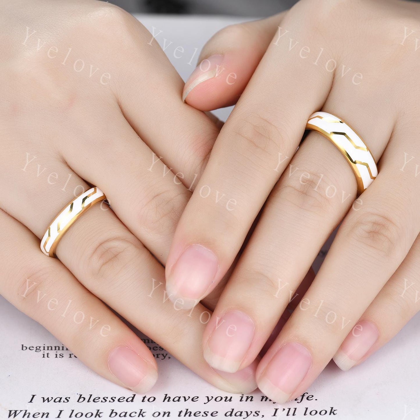 Couples ring set white enamel coating ring for men and women white gems wedding band gold promise stacking matching Band retro vintage Gift