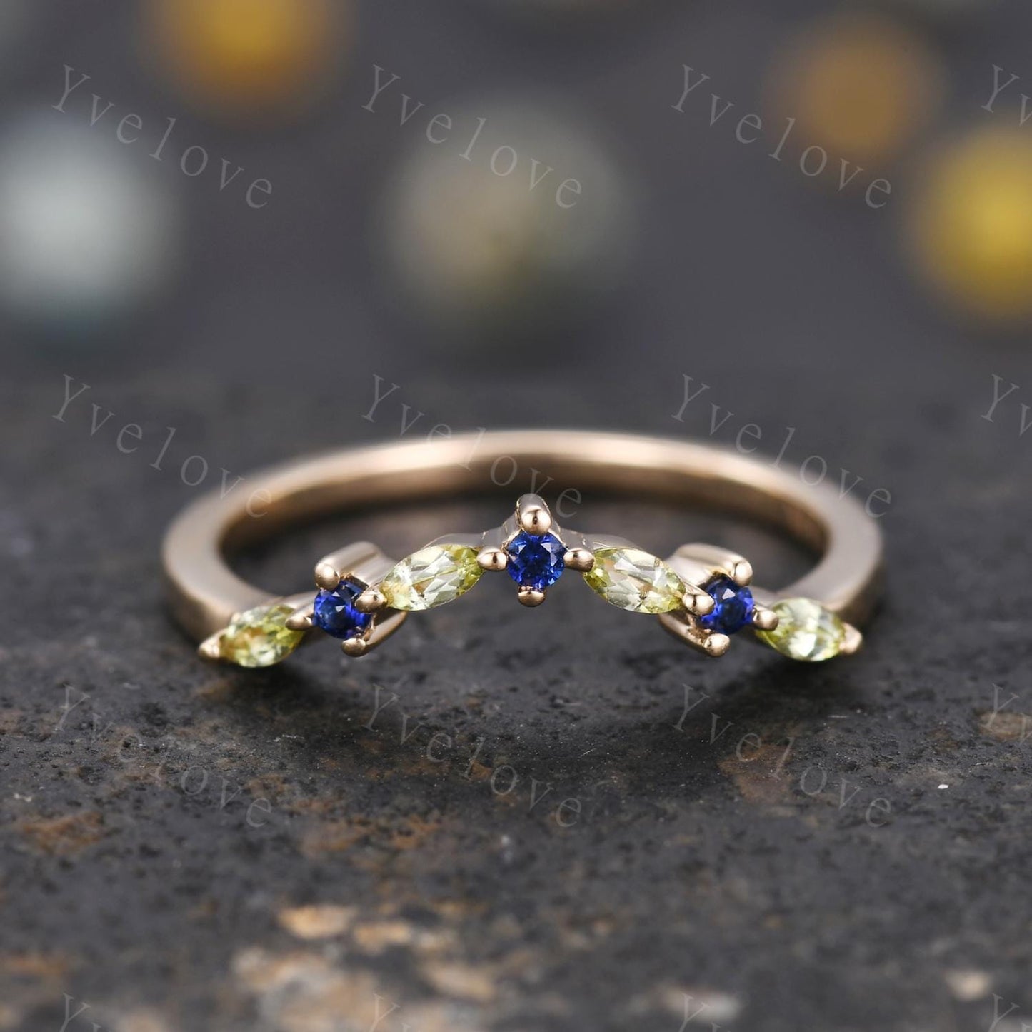 Natural Peridot Matching Band V Curved stacking band sapphire wedding ring 14k gold art deco marquise peridot ring promise ring customized