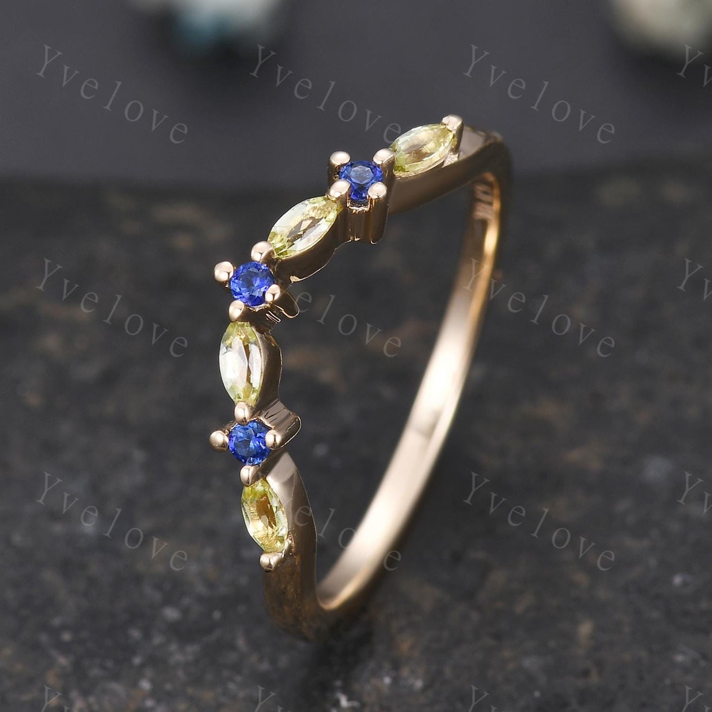 Natural Peridot Matching Band V Curved stacking band sapphire wedding ring 14k gold art deco marquise peridot ring promise ring customized