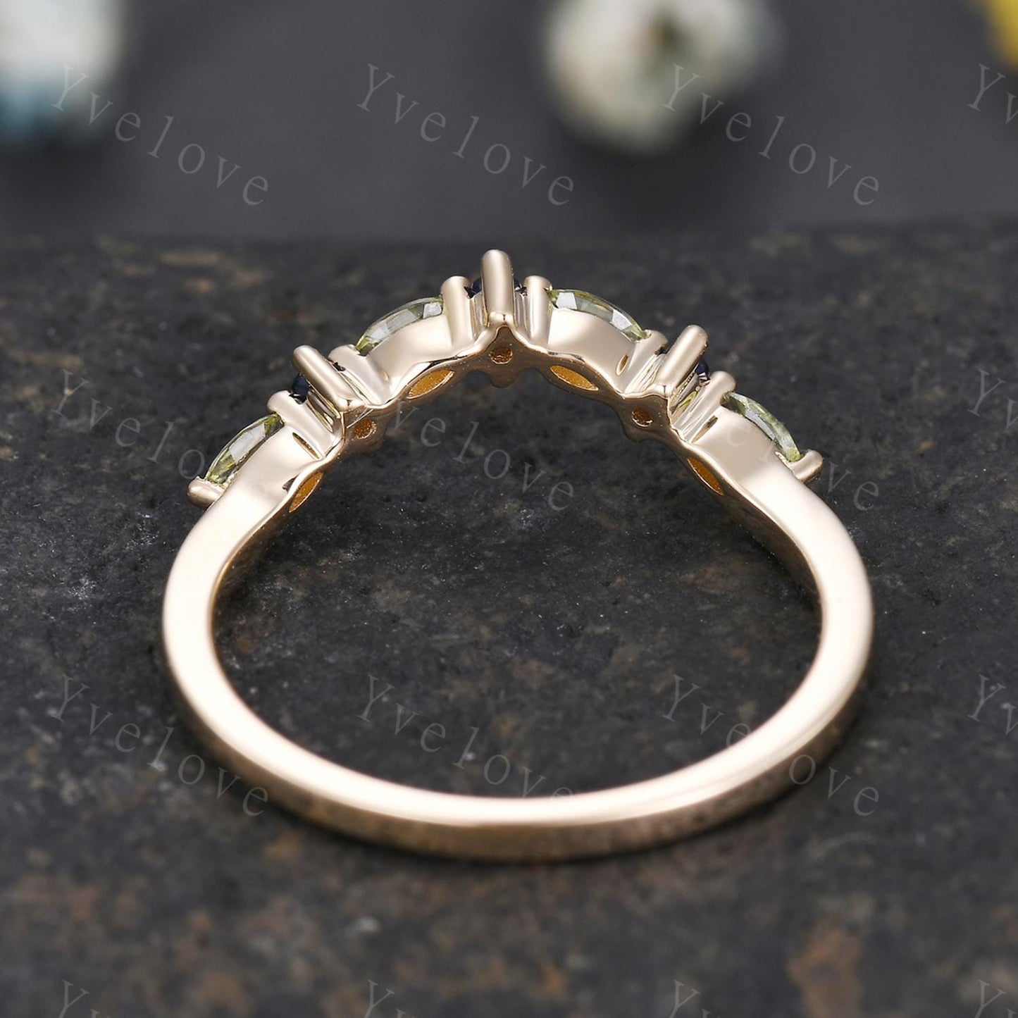 Natural Peridot Matching Band V Curved stacking band sapphire wedding ring 14k gold art deco marquise peridot ring promise ring customized