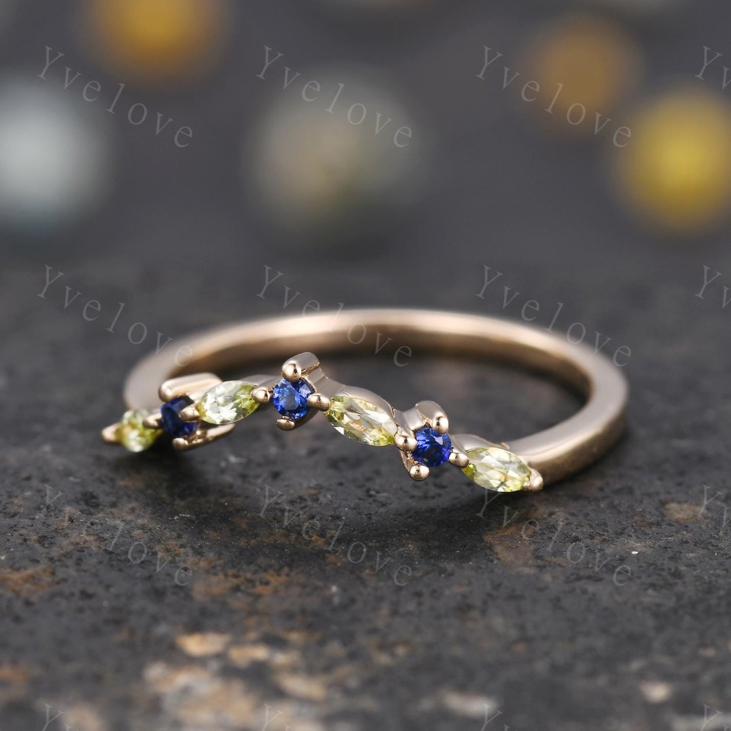 Natural Peridot Matching Band V Curved stacking band sapphire wedding ring 14k gold art deco marquise peridot ring promise ring customized