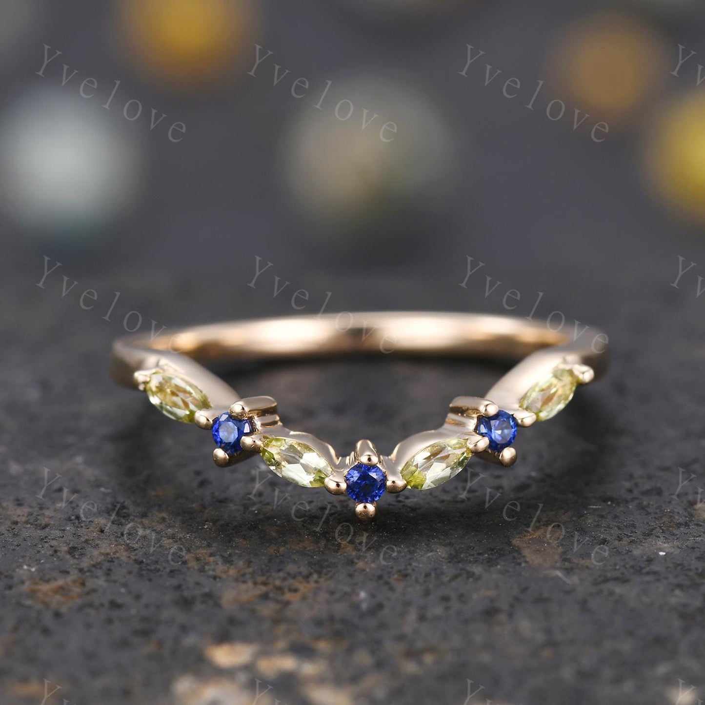 Natural Peridot Matching Band V Curved stacking band sapphire wedding ring 14k gold art deco marquise peridot ring promise ring customized