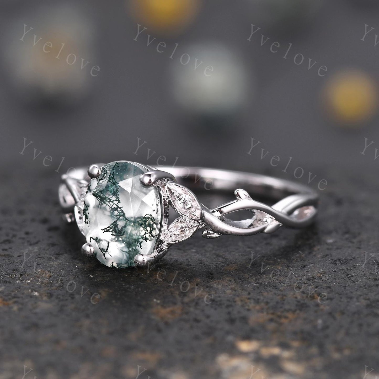 Dainty Oval Natural Moss Agate S925 Sterling Silver Engagement Ring Art Deco Vintage Nature Inspired Leaf Ring Cluster Wedding Anniversary
