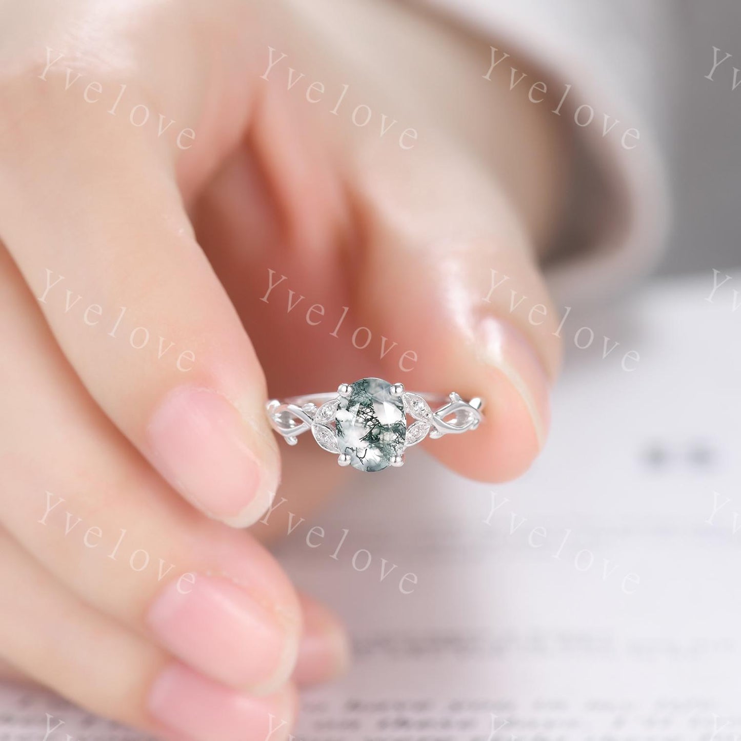 Dainty Oval Natural Moss Agate S925 Sterling Silver Engagement Ring Art Deco Vintage Nature Inspired Leaf Ring Cluster Wedding Anniversary