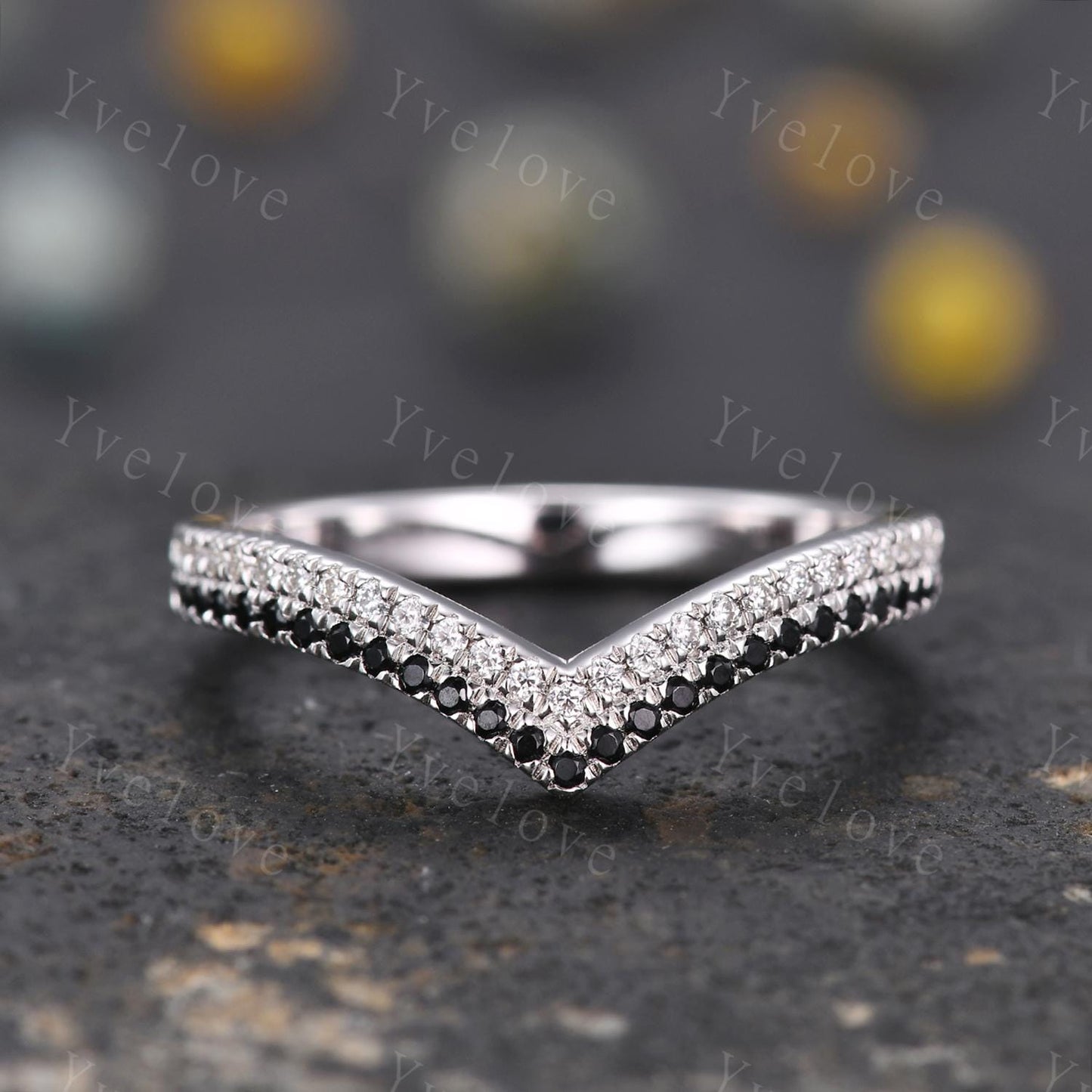 V shape diamond wedding band two row black diamond matching band stacking ring 14k white gold anniversary ring antique ring for women custom