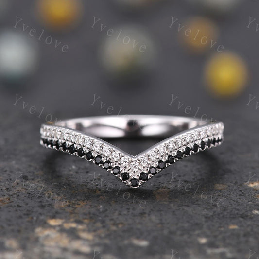 V shape diamond wedding band two row black diamond matching band stacking ring 14k white gold anniversary ring antique ring for women custom