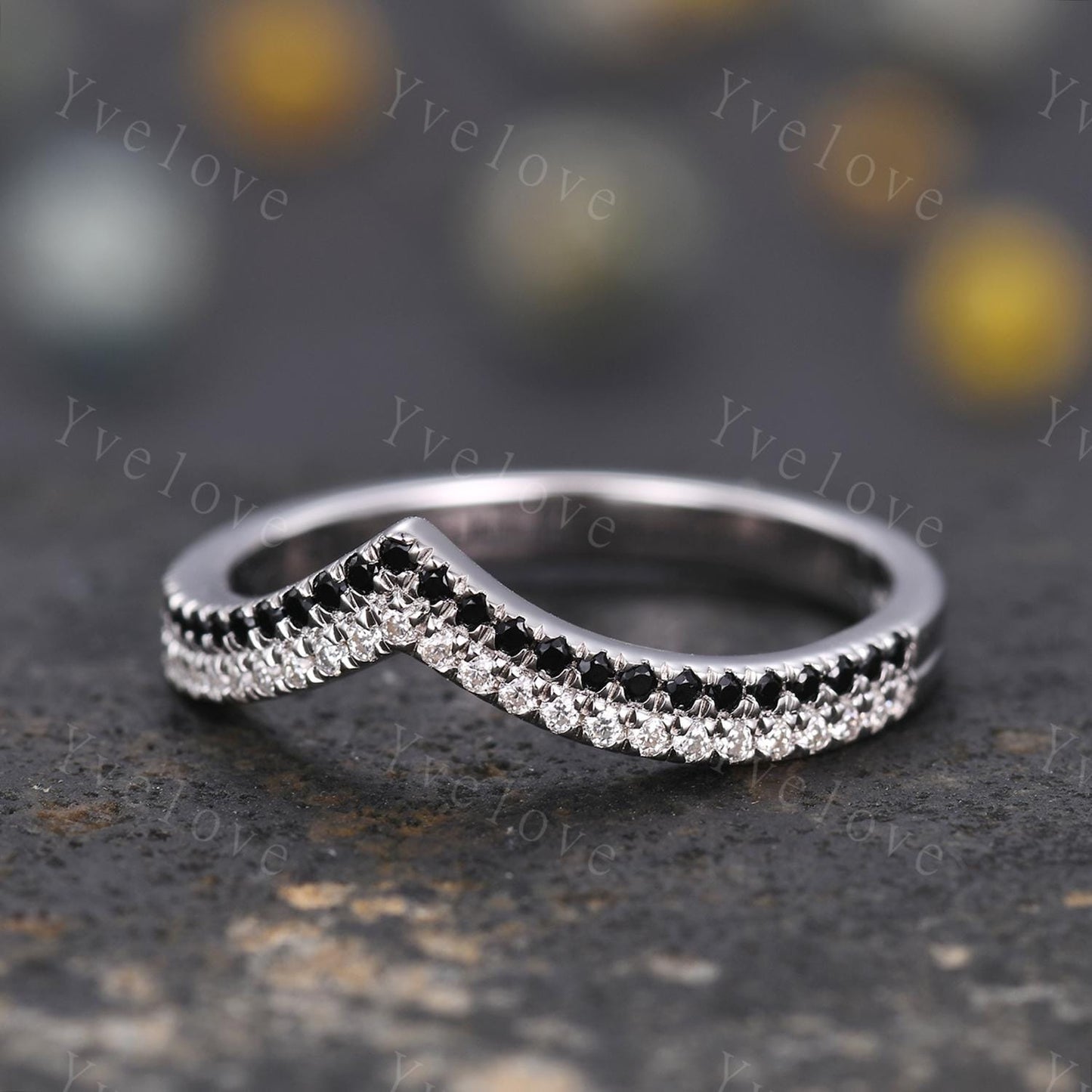 V shape diamond wedding band two row black diamond matching band stacking ring 14k white gold anniversary ring antique ring for women custom