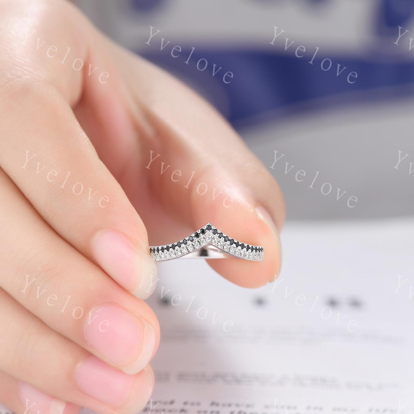 V shape diamond wedding band two row black diamond matching band stacking ring 14k white gold anniversary ring antique ring for women custom