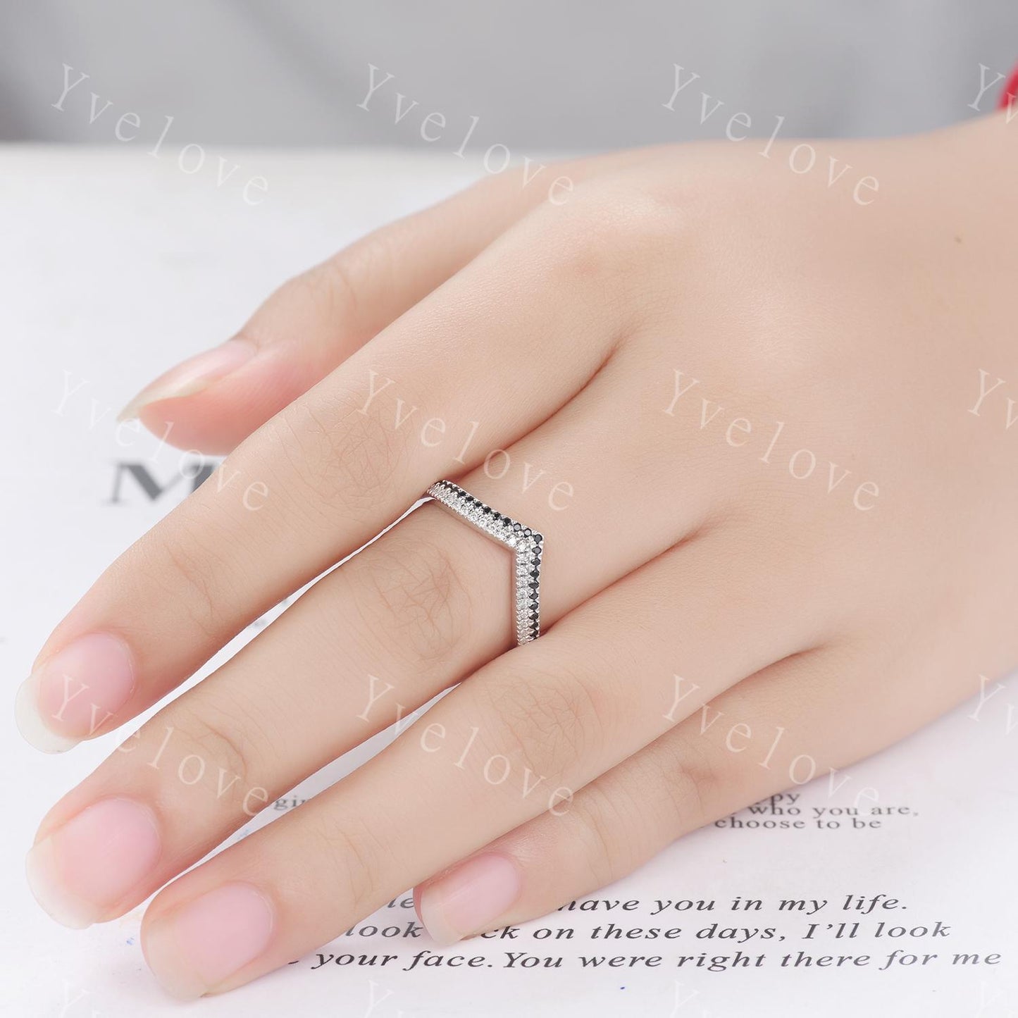 V shape diamond wedding band two row black diamond matching band stacking ring 14k white gold anniversary ring antique ring for women custom