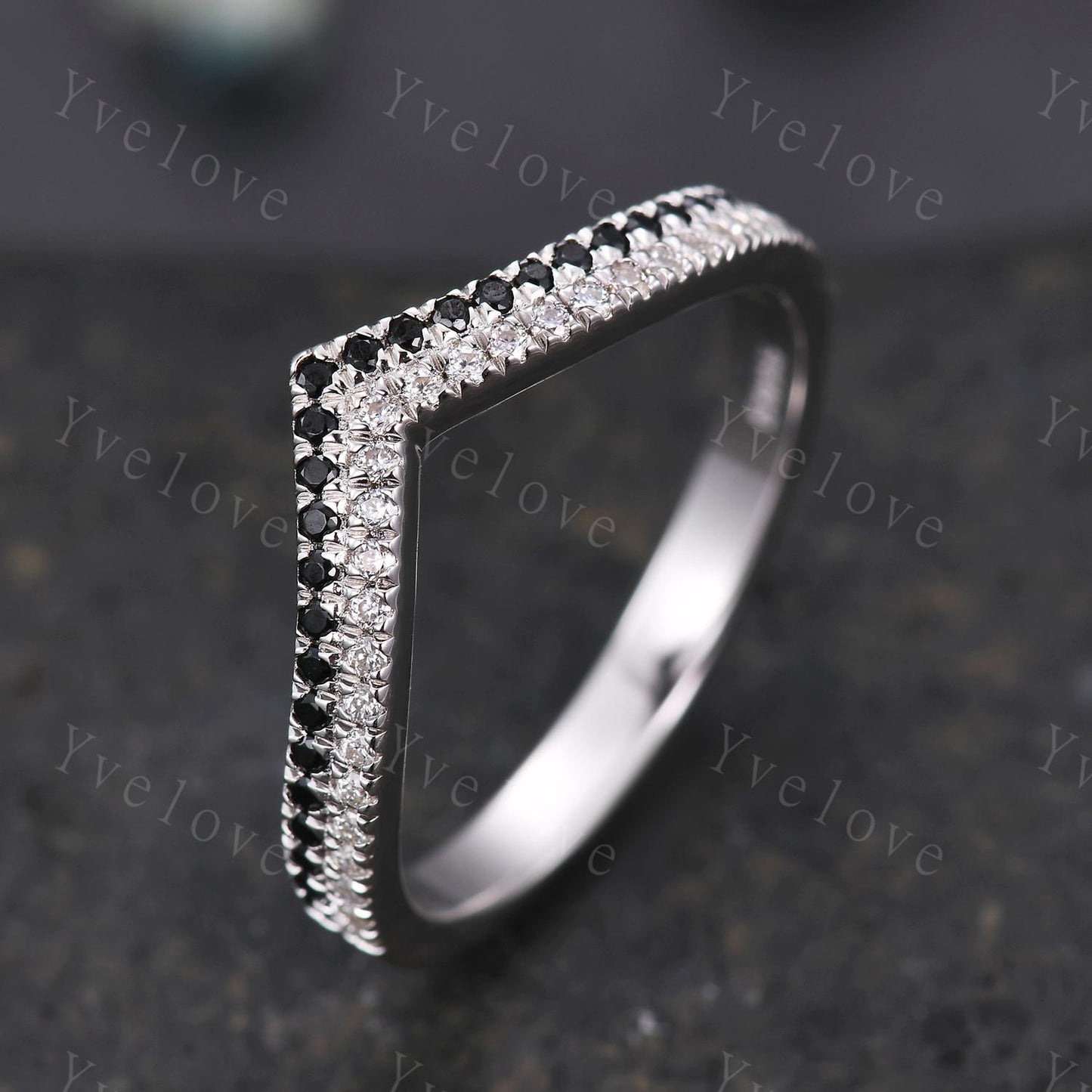 V shape diamond wedding band two row black diamond matching band stacking ring 14k white gold anniversary ring antique ring for women custom