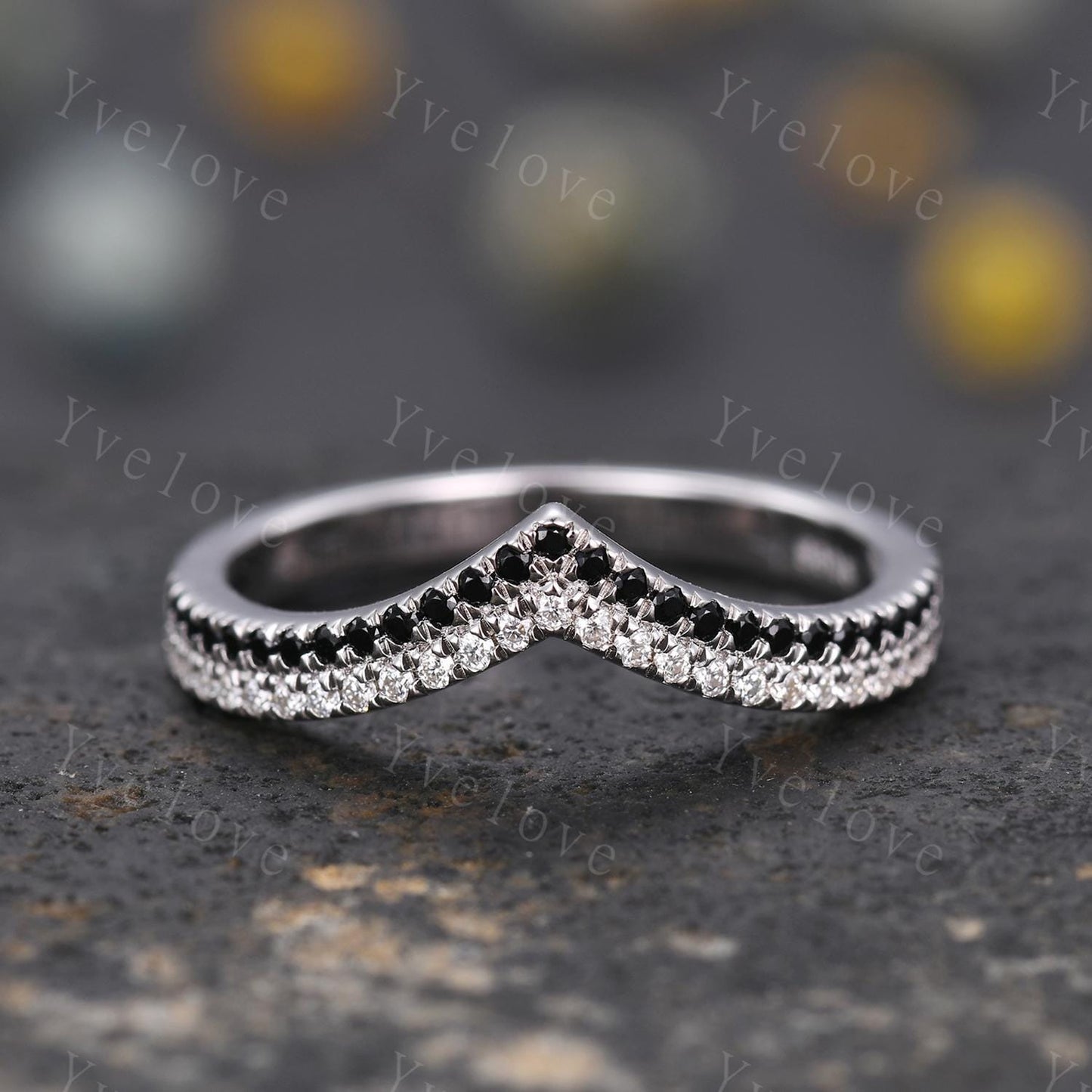 V shape diamond wedding band two row black diamond matching band stacking ring 14k white gold anniversary ring antique ring for women custom