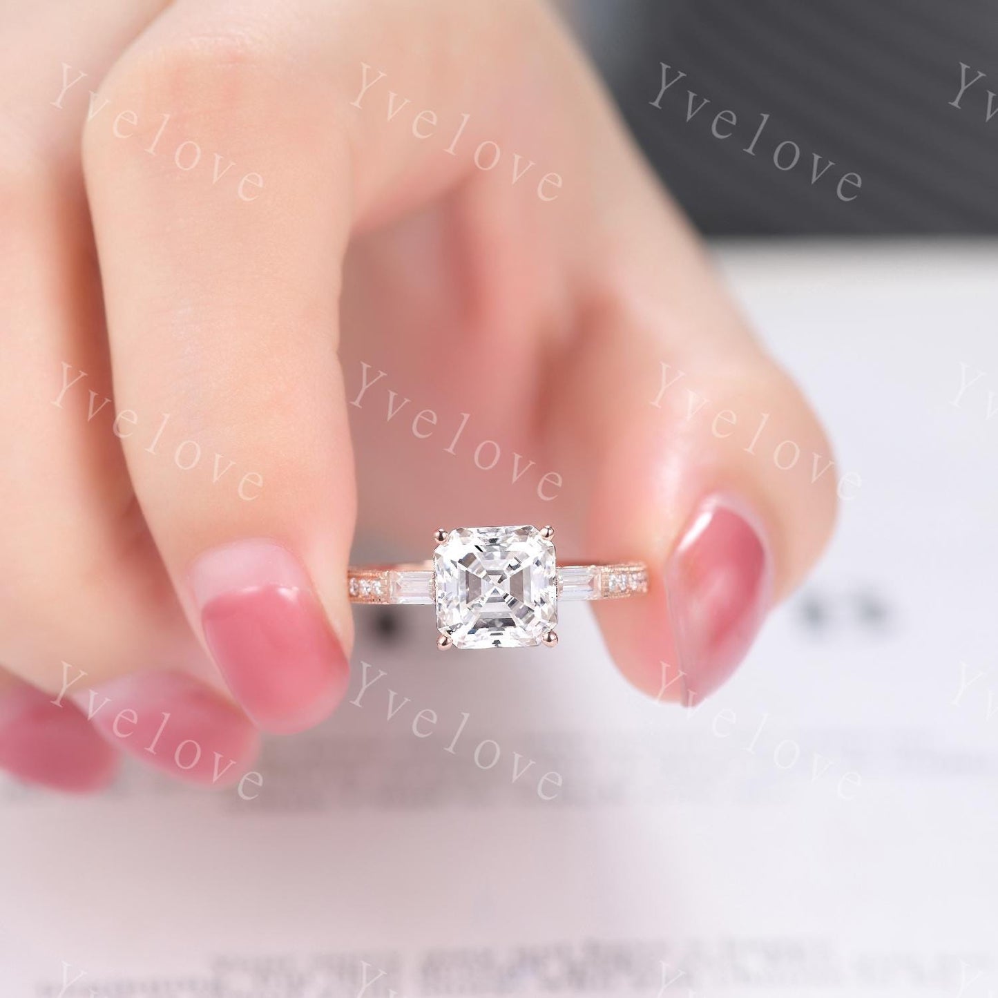 Asscher cut moissanite engagement ring art deco baguette diamond wedding band 14k rose gold hand carved filigree milgrain ring gift for her