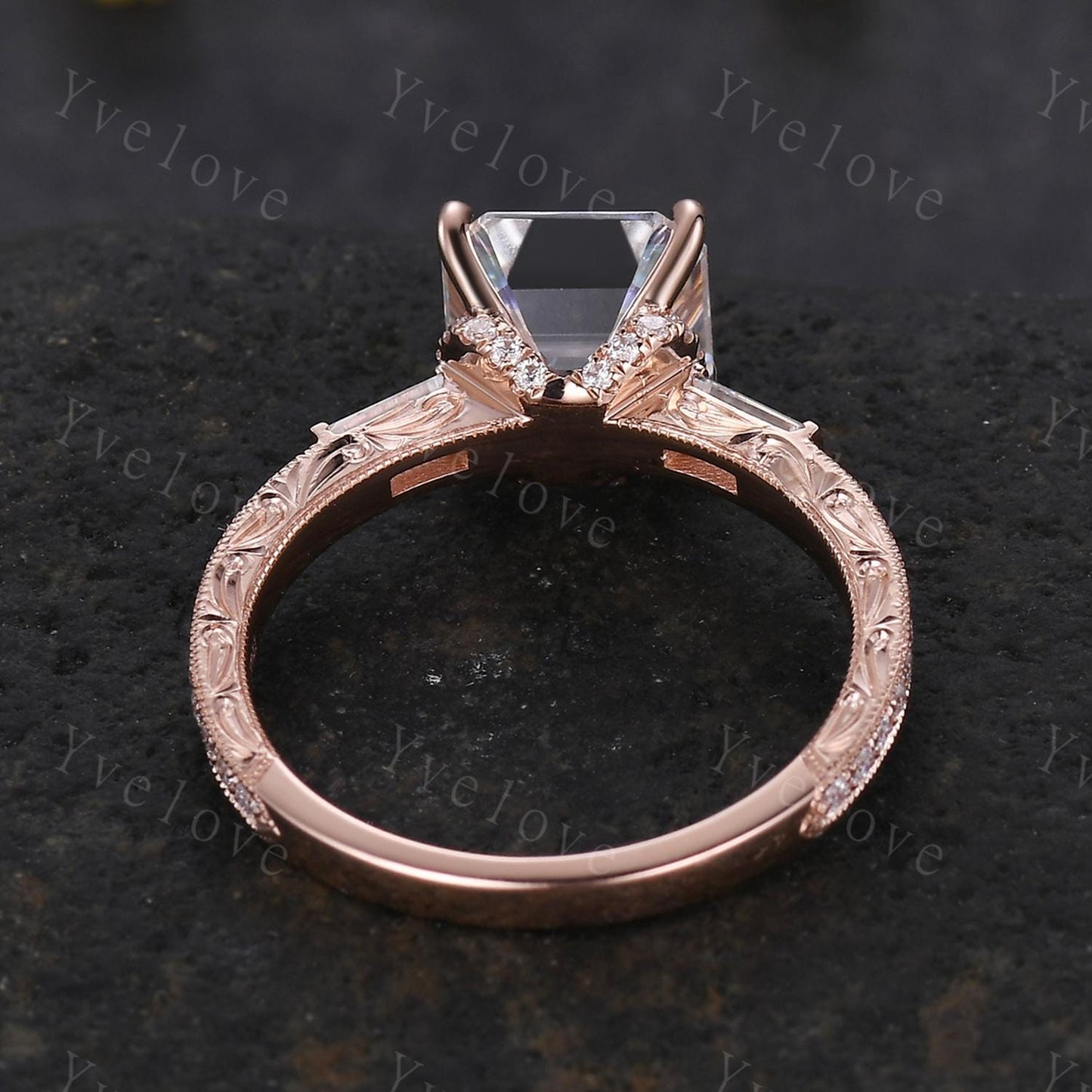 Asscher cut moissanite engagement ring art deco baguette diamond wedding band 14k rose gold hand carved filigree milgrain ring gift for her