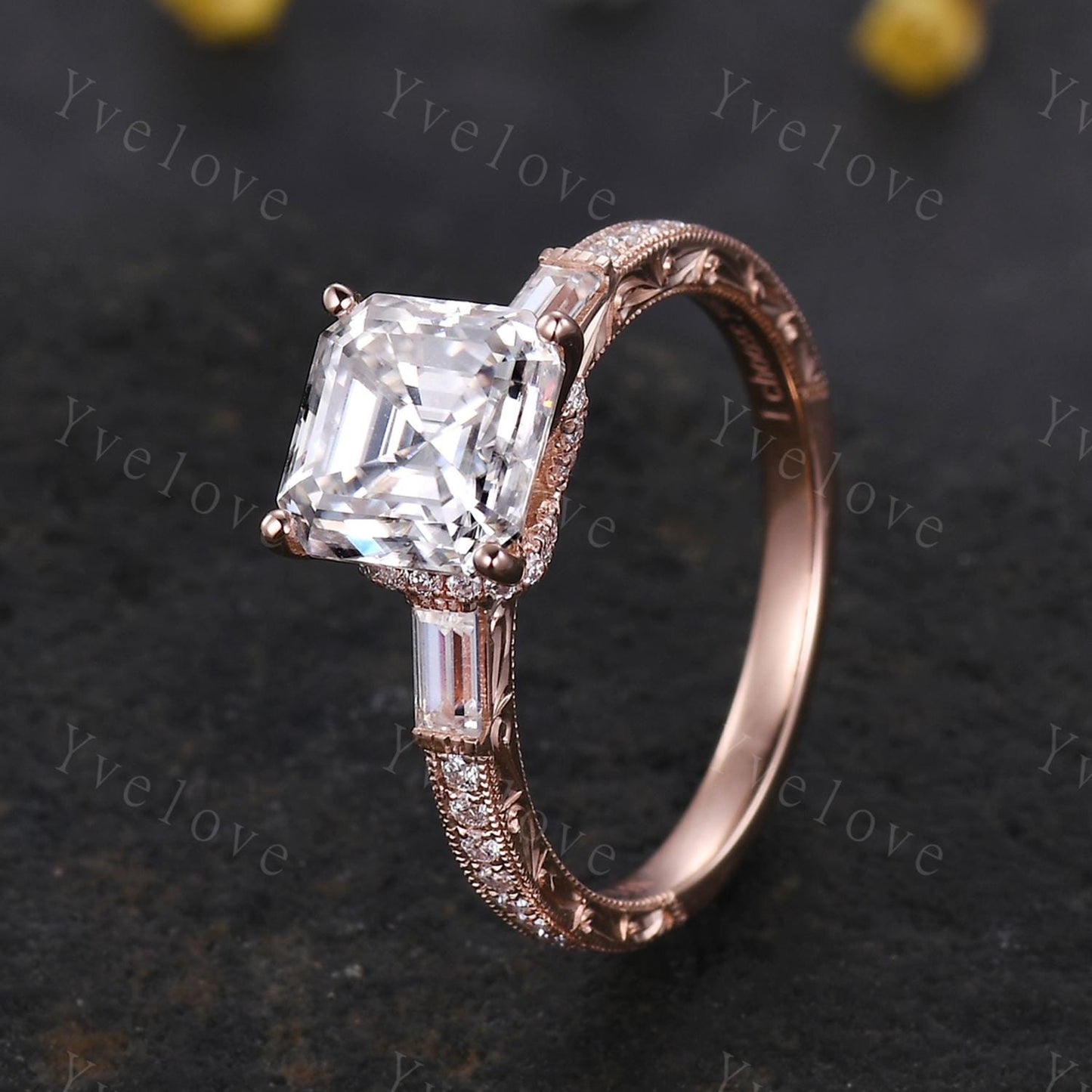 Asscher cut moissanite engagement ring art deco baguette diamond wedding band 14k rose gold hand carved filigree milgrain ring gift for her